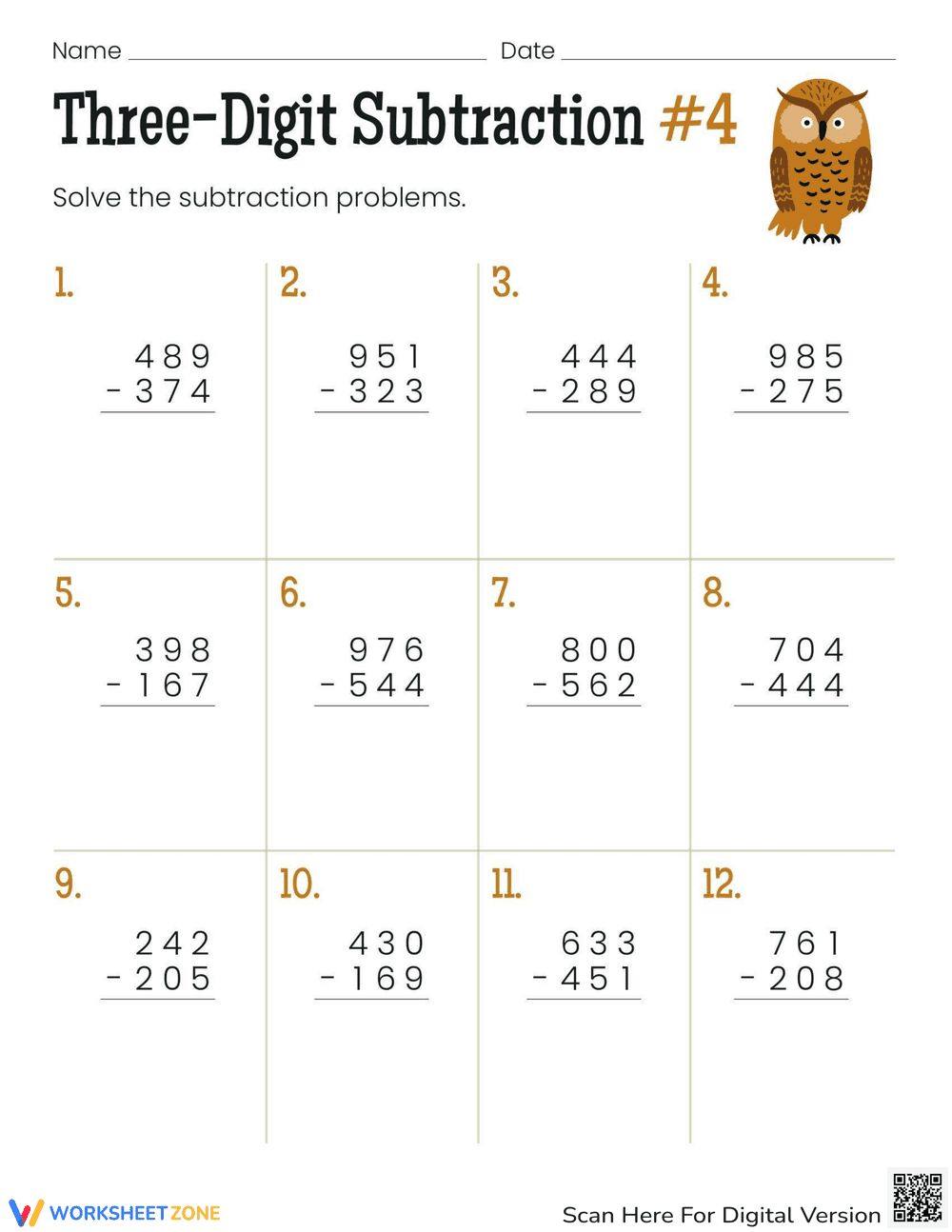 Three-Digit Subtraction - Page 1