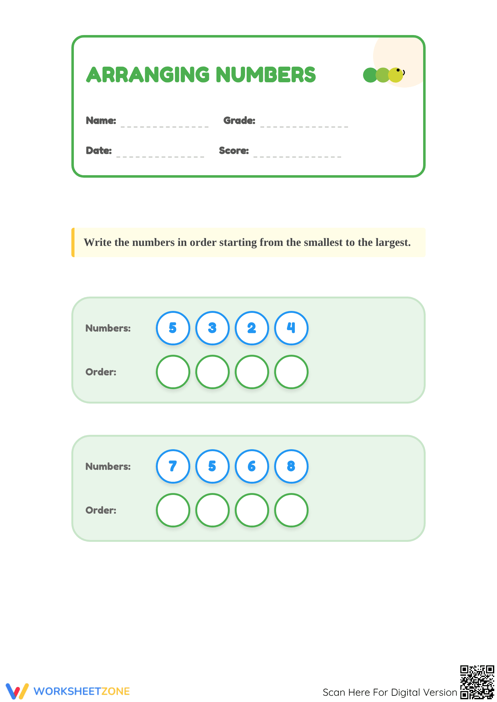 Grade K Ordering Numbers — Printable No-Prep Worksheet - Page 1