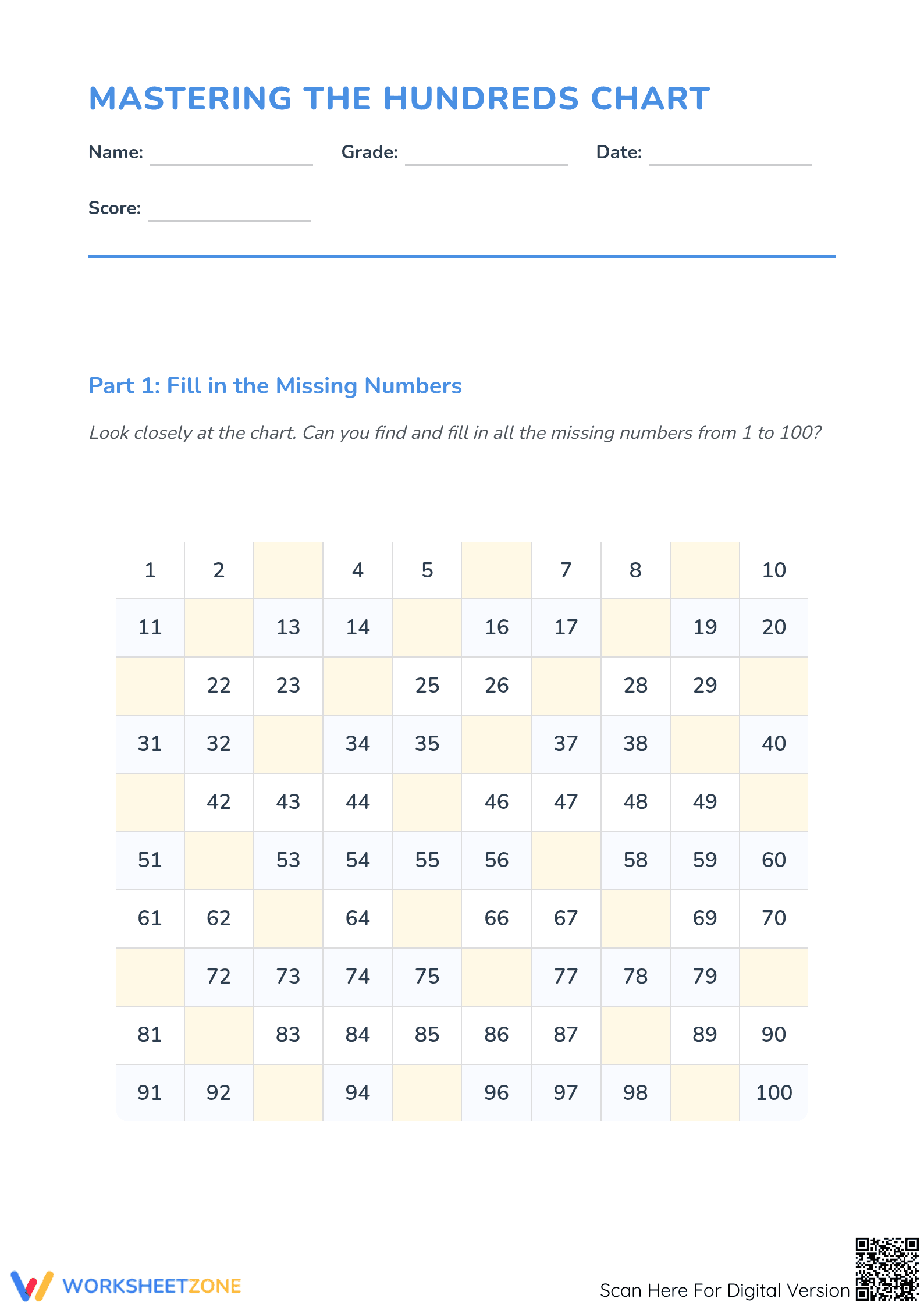 Essential Grade 2 Number Patterns Hundreds Chart Worksheet - Page 1