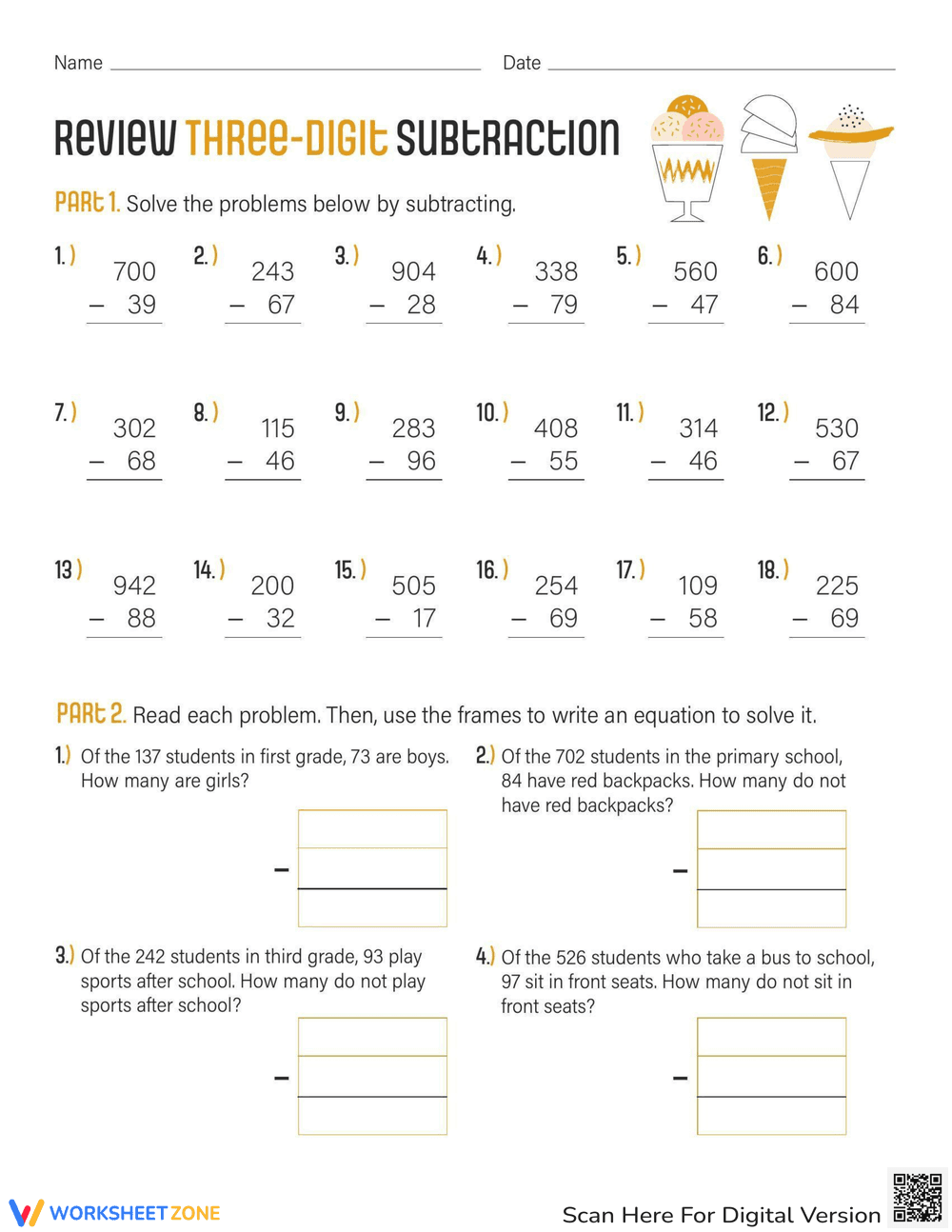Review Three-Digit Subtraction - Page 1