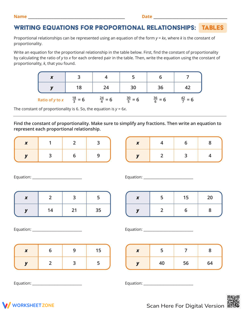 Write Equations for Tables - Page 1