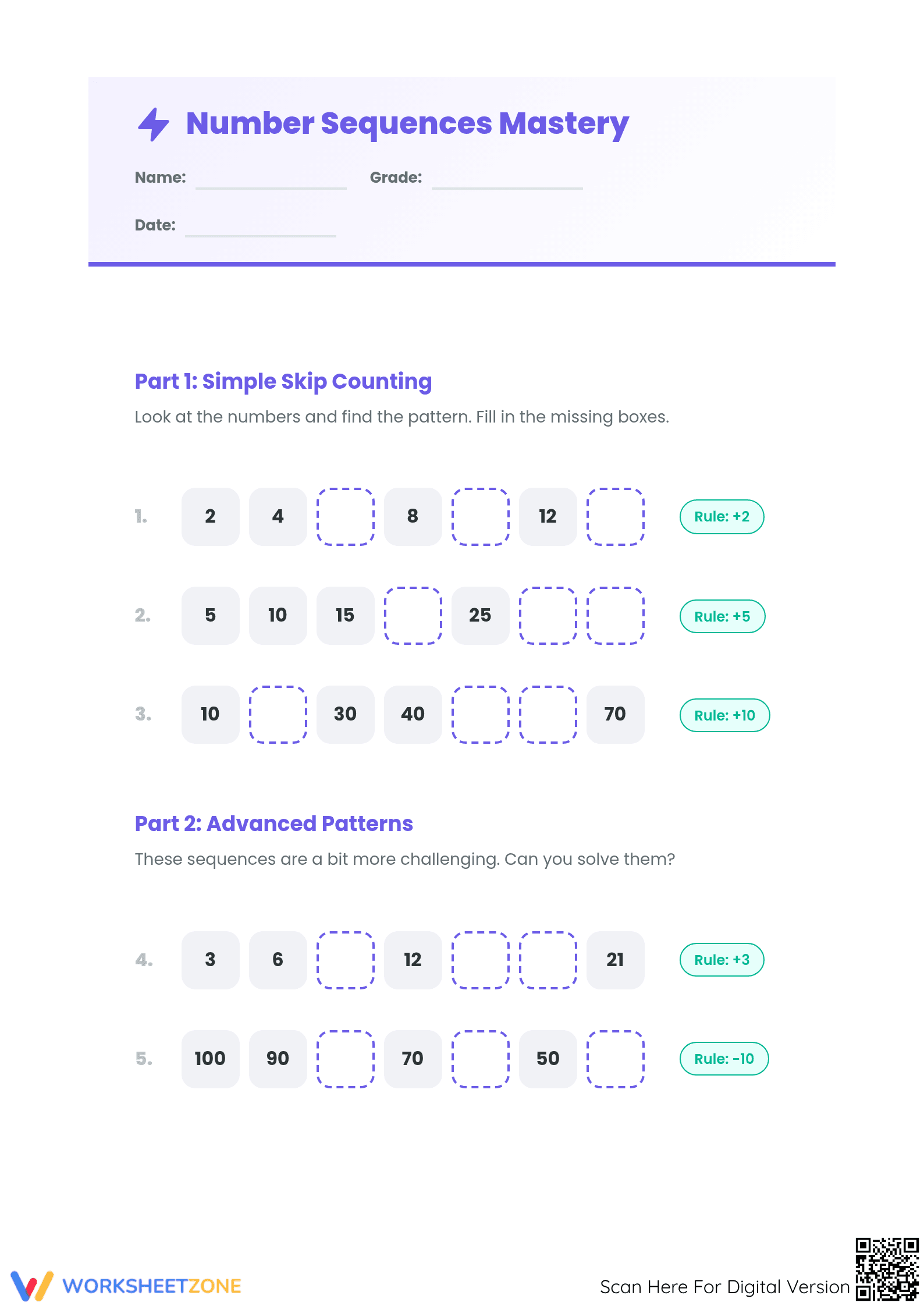 Essential Number Sequences Worksheet | Grade 3 Math - Page 1