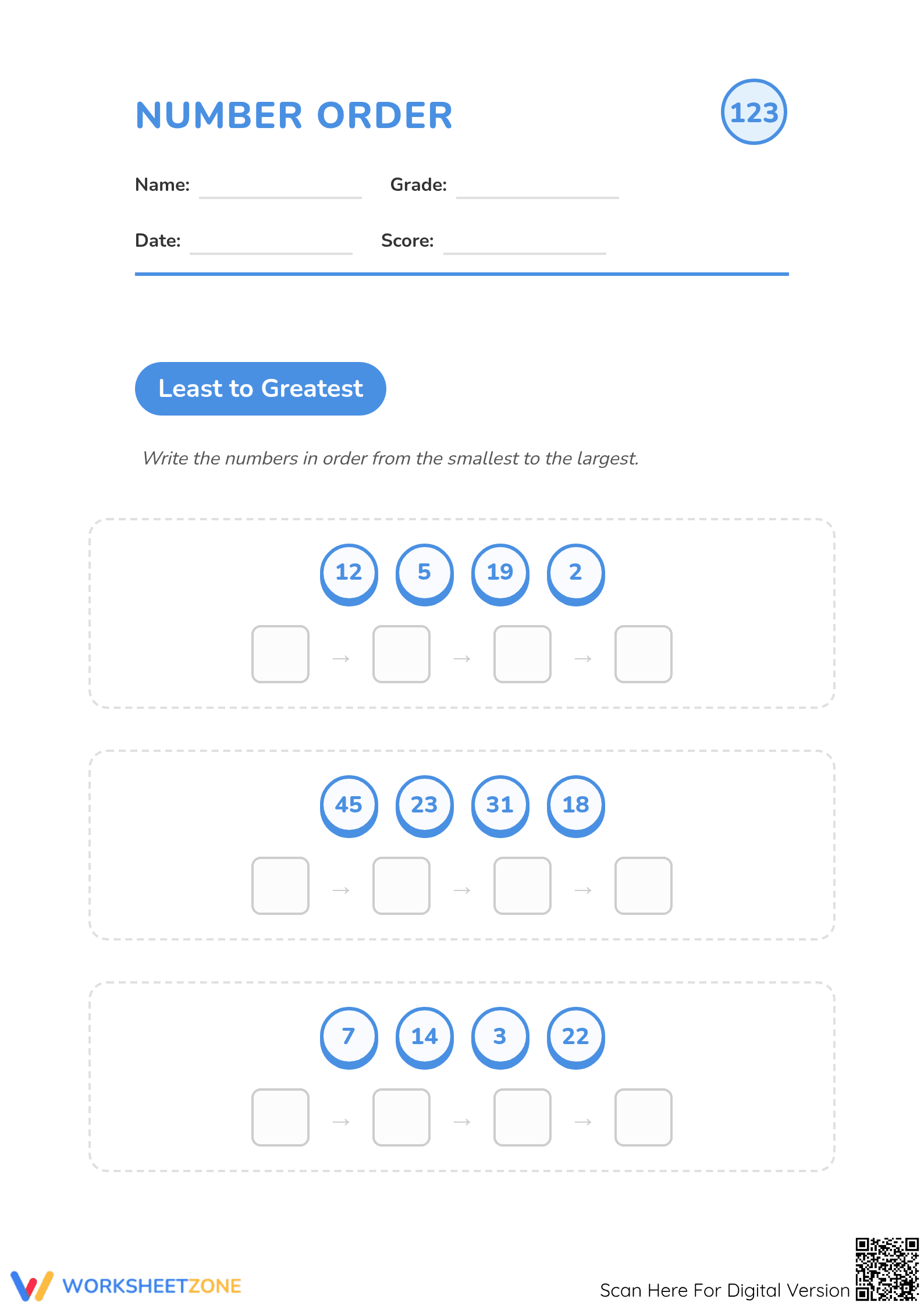 Grade 1 Number Order — Printable No-Prep Worksheet - Page 1