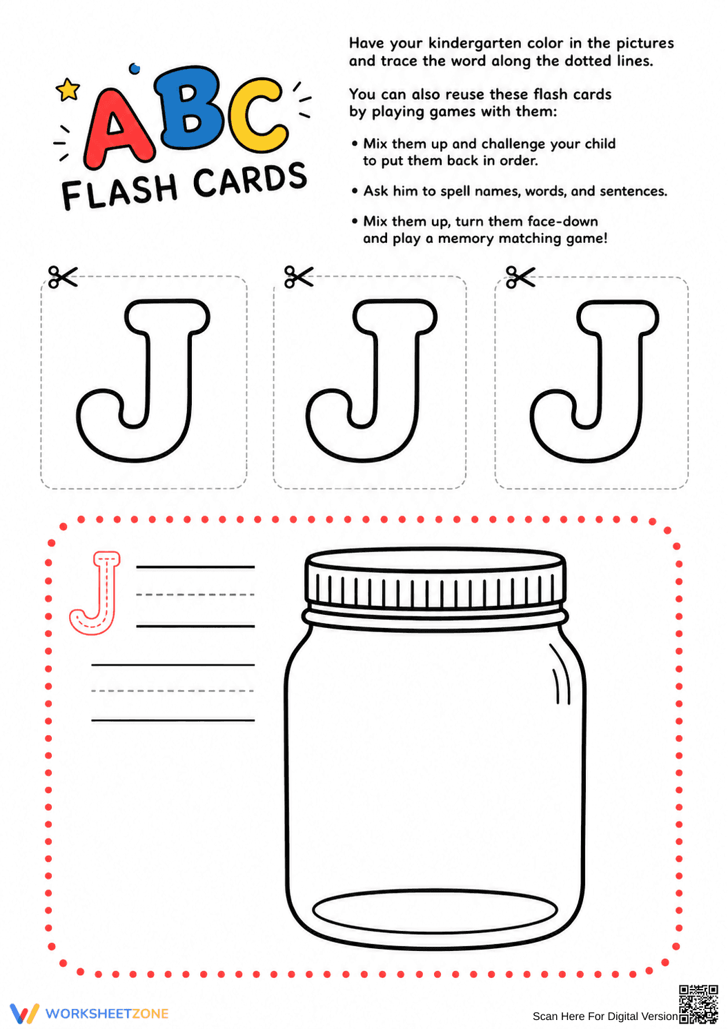 Letter J Flashcards & Tracing | Printable Kindergarten - Page 1