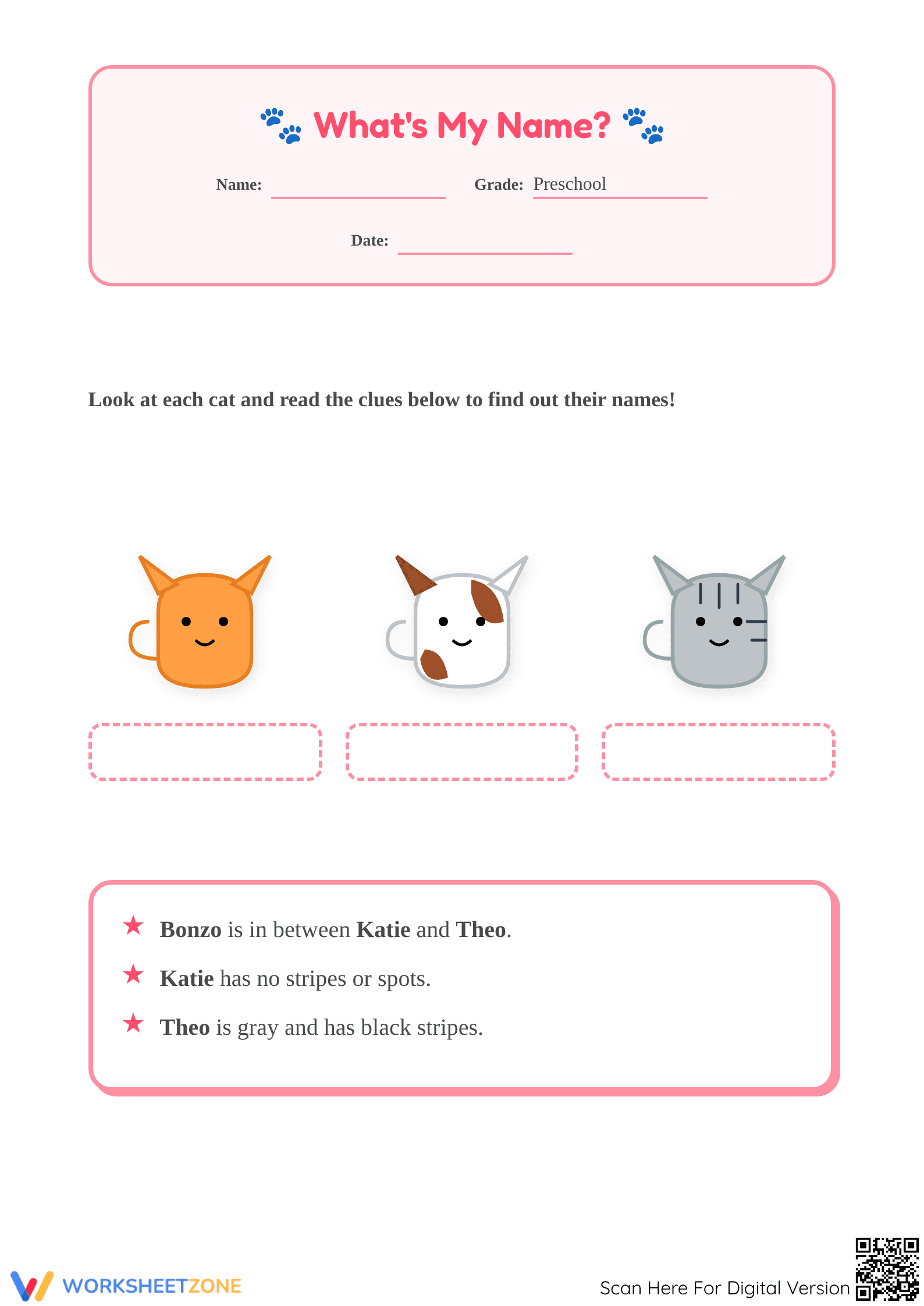 Printable Pre-Reading Cat Game Worksheet | Preschool ELA - Page 1