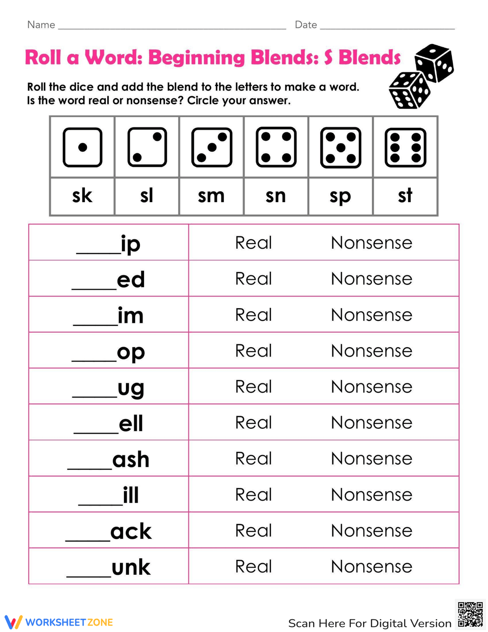 Roll a Word: Beginning S Blends Fun! - Page 1