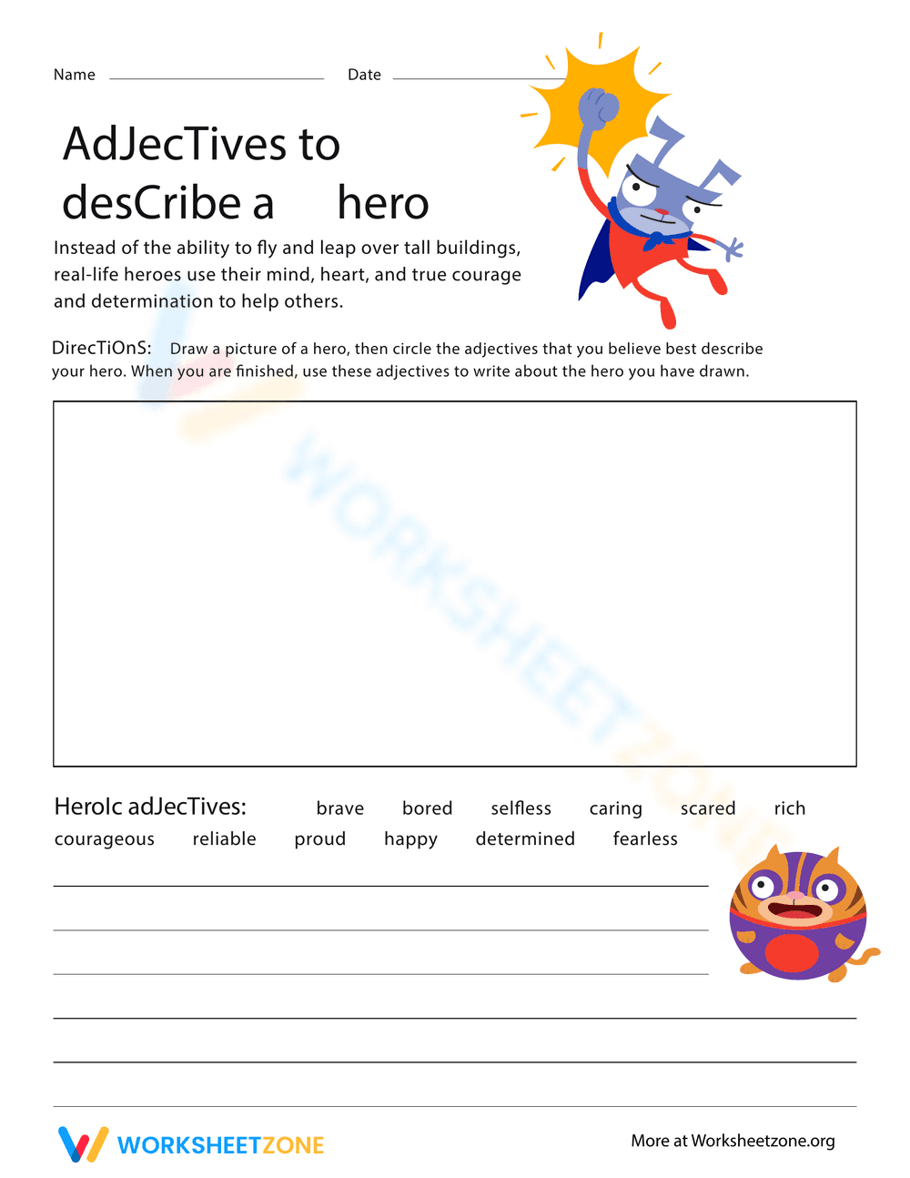 Describing a Hero with Adjectives Worksheet - Page 1