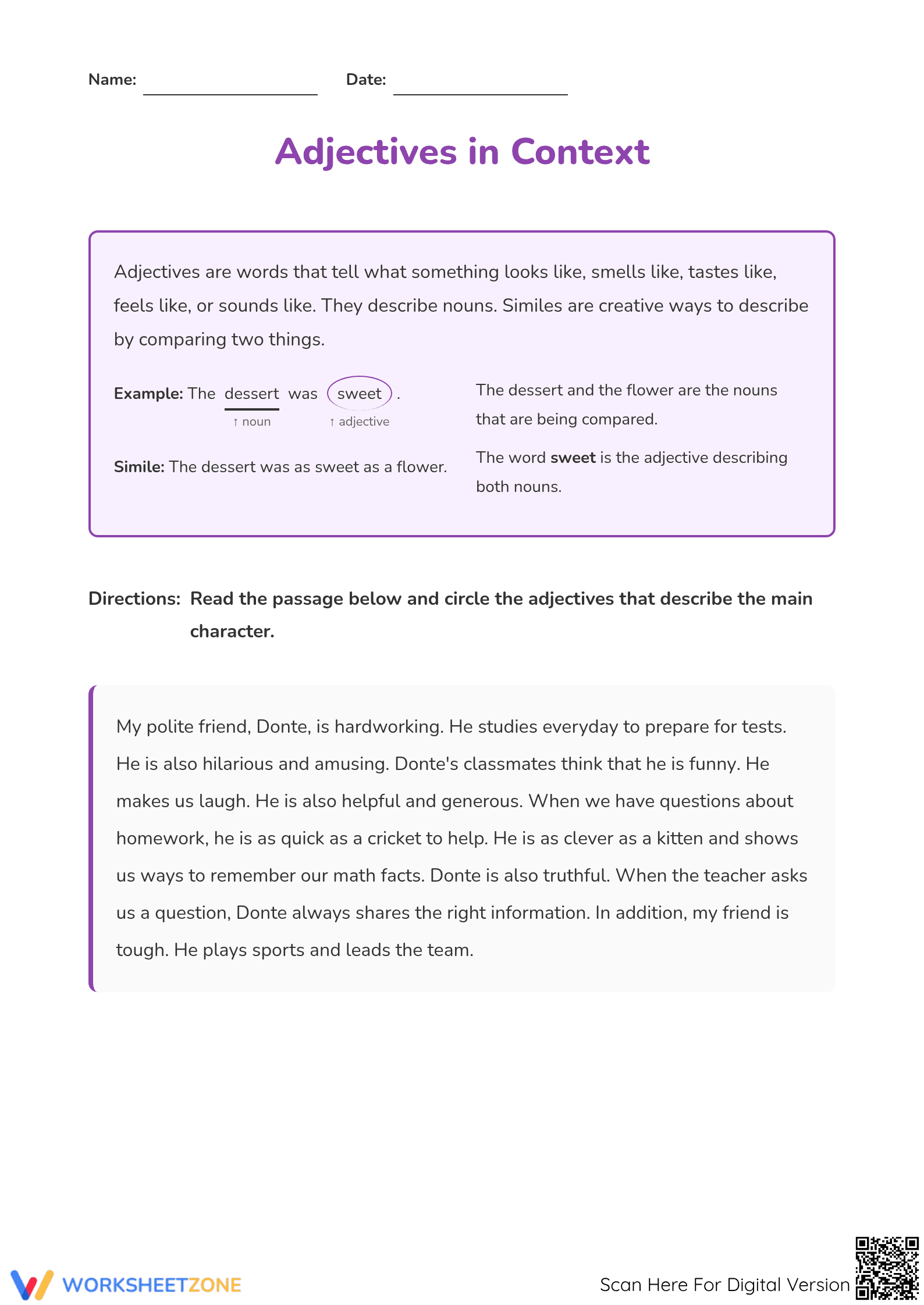 Printable Adjectives and Similes Worksheet | Grade 3 ELA - Page 1