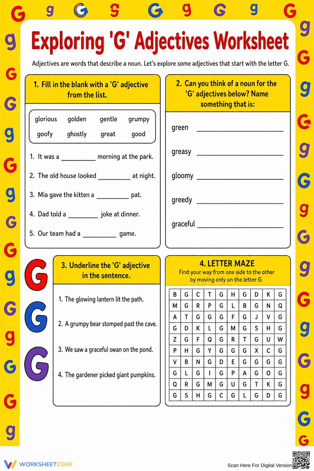 Exploring 'G' Adjectives Worksheet - Page 1