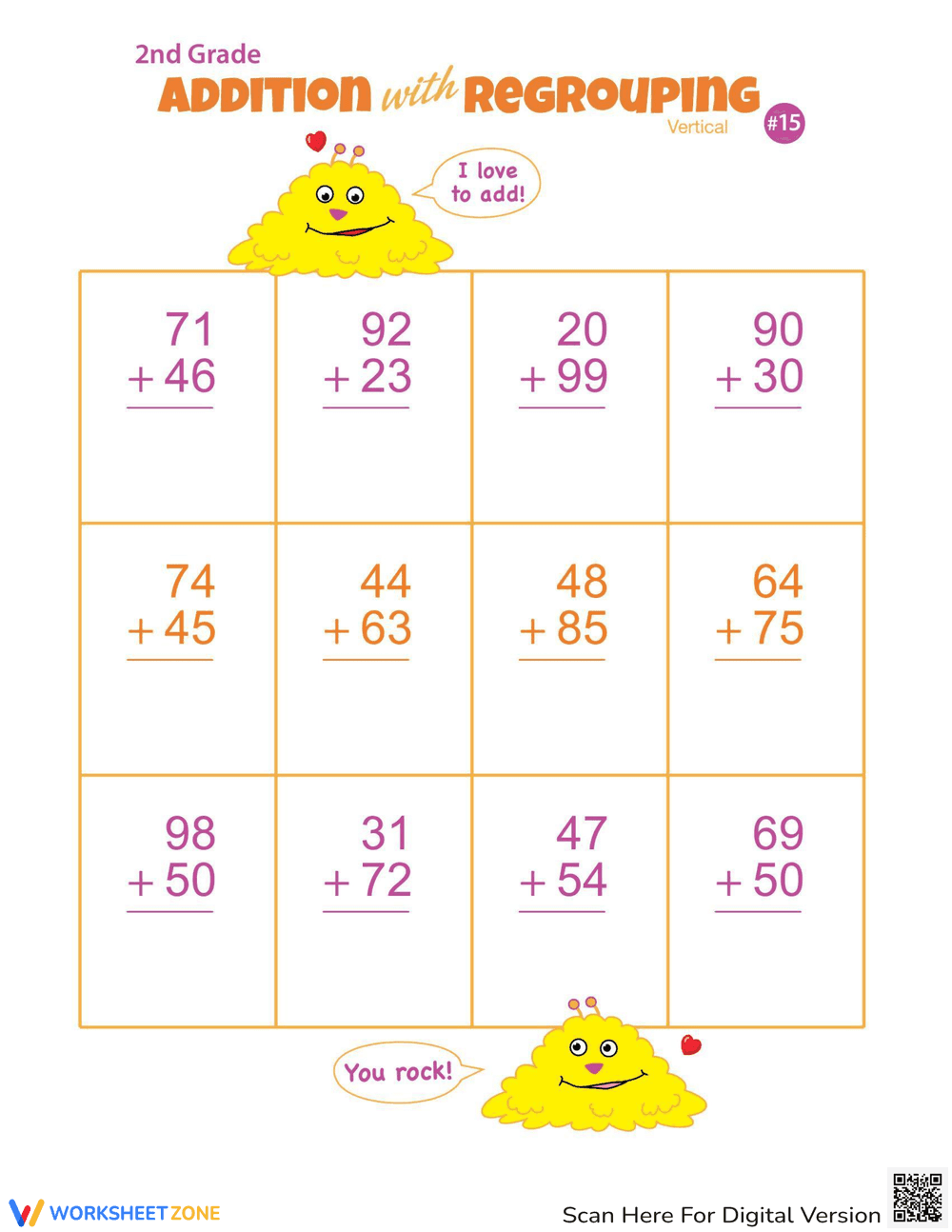 Vertical Practice of Double Digits Addition - Page 1