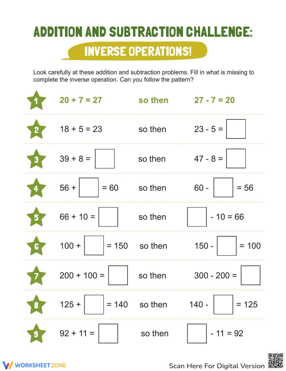 Addition and Subtraction Challenge Worksheet - Page 1