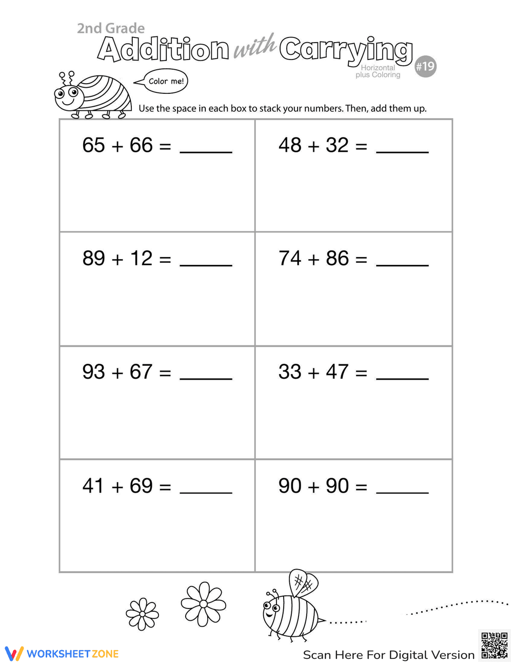 Addition Carrying Coloring Worksheet for Fun Math - Page 1