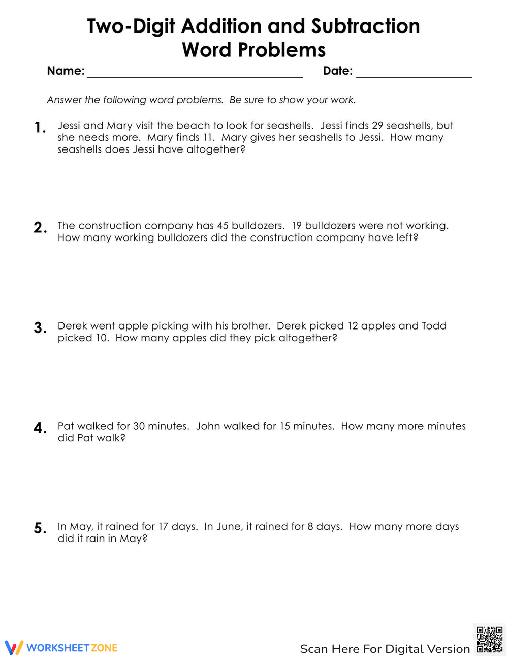 Two-Digit Addition and Subtraction Word Problems - Page 1
