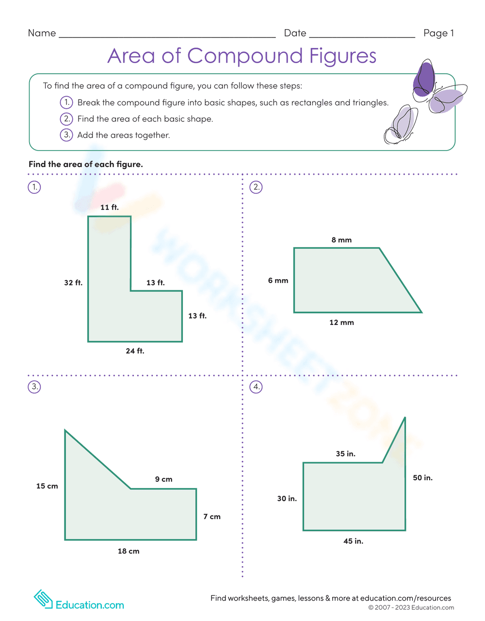 Area of Compound Figures Worksheet - Page 1