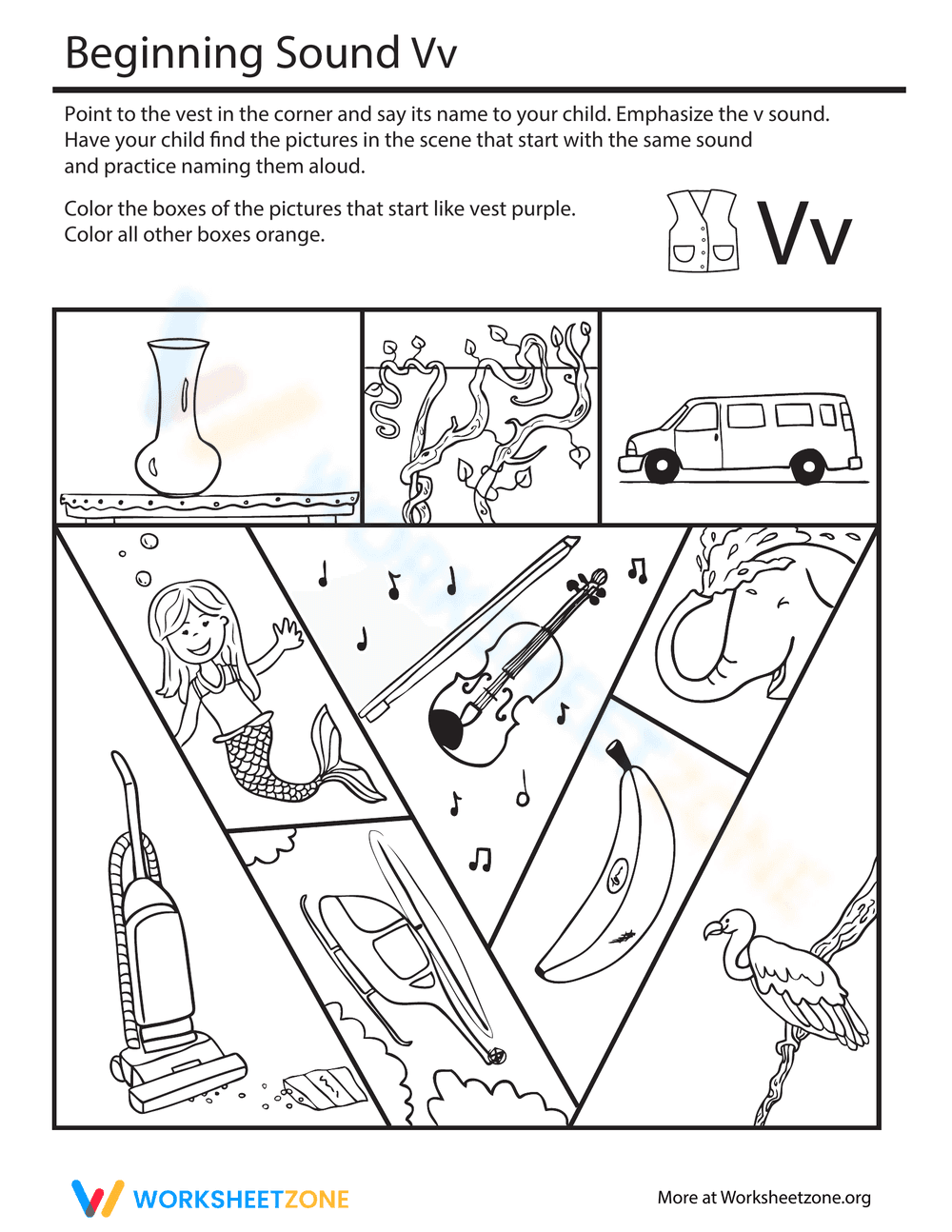 Printable Letter V Beginning Sounds Coloring Worksheet - Page 1