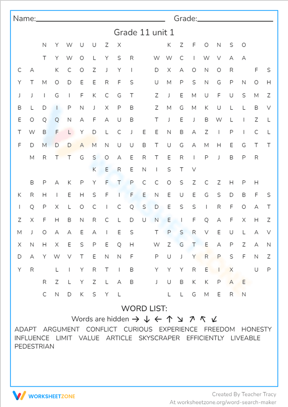 Grade 11 Unit 1 Vocabulary — Printable No-Prep Worksheet - Page 1