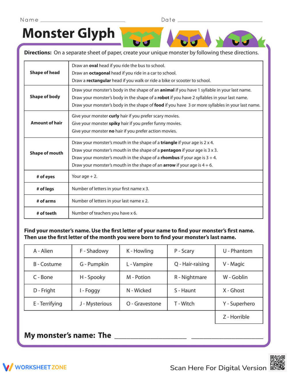 Create a Monster Glyph Worksheet - Page 1