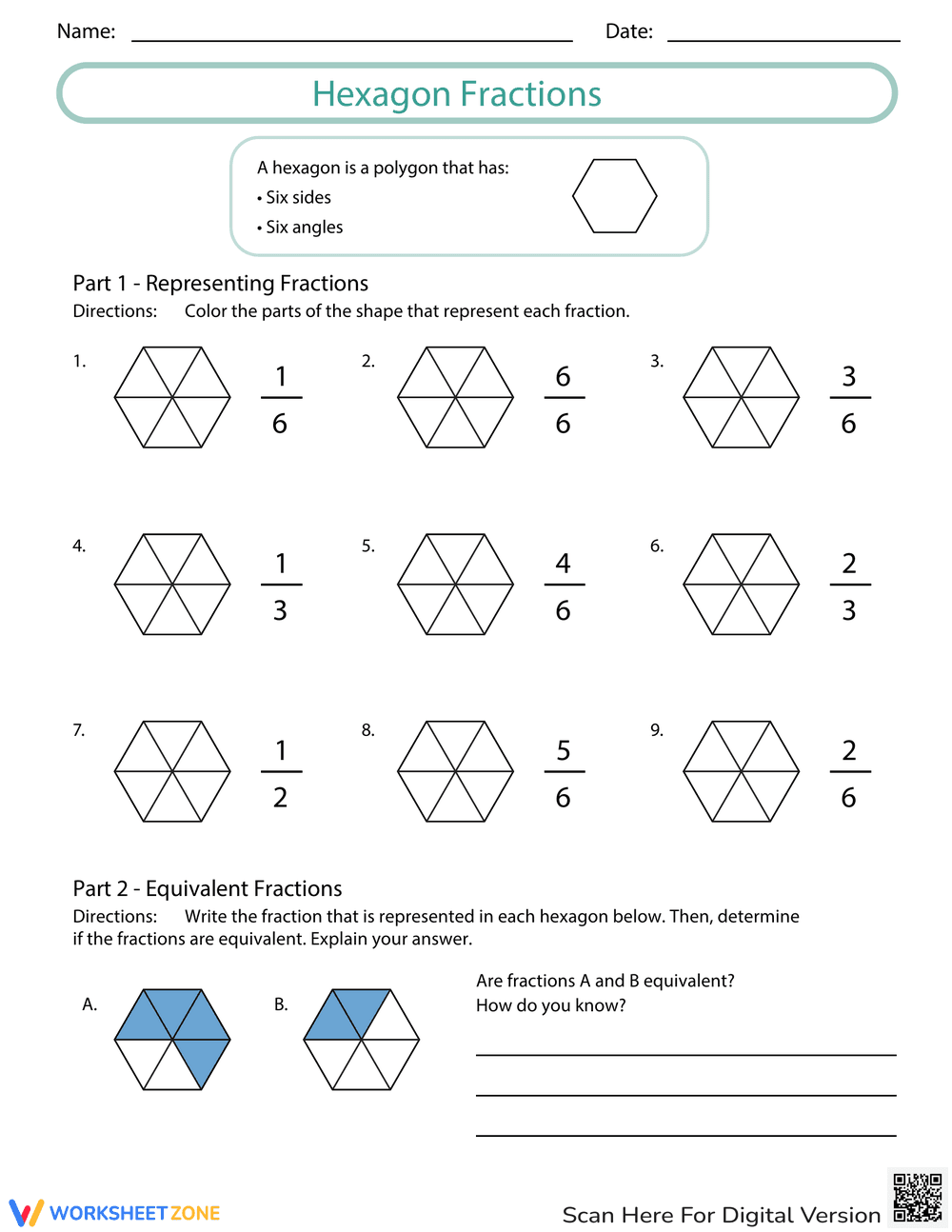 Visualize Fractions with Hexagon Fractions Worksheet - Page 1