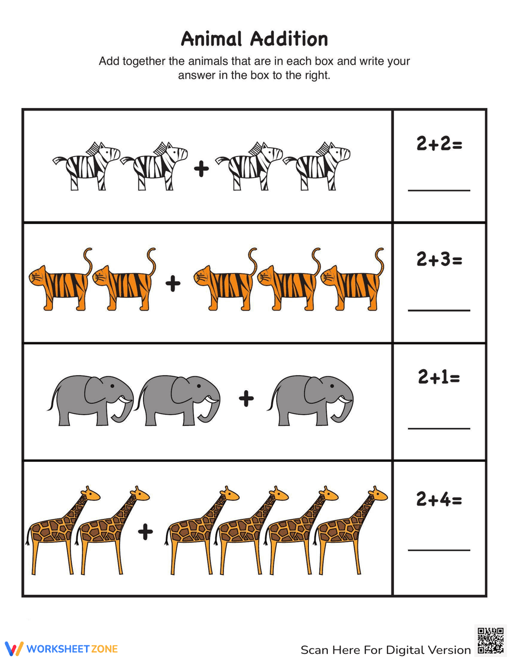 Animal Picture Addition Worksheet for Kids - Page 1
