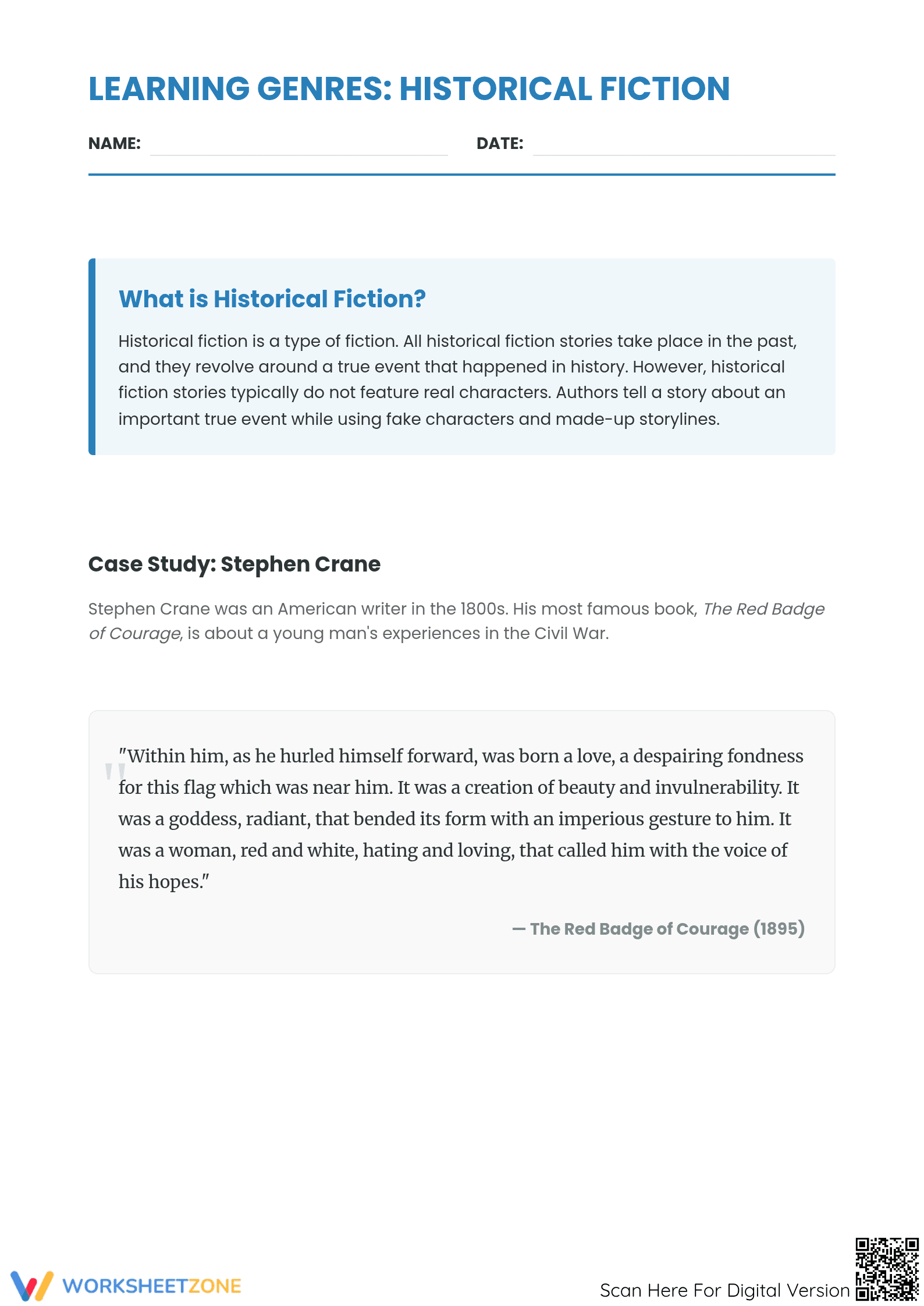 Historical Fiction Worksheet | Grade 4 Printable ELA - Page 1