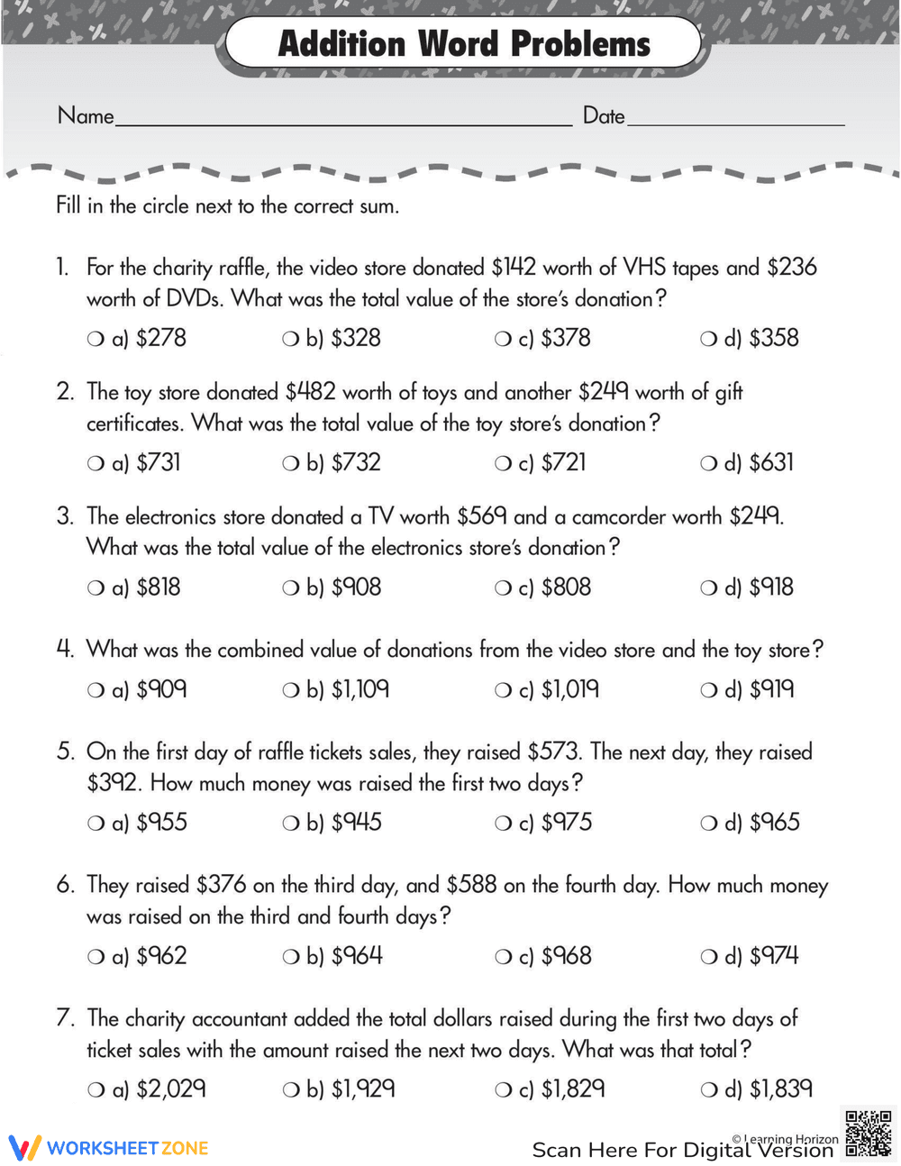 Raffle Time Addition: Word Problems - Page 1