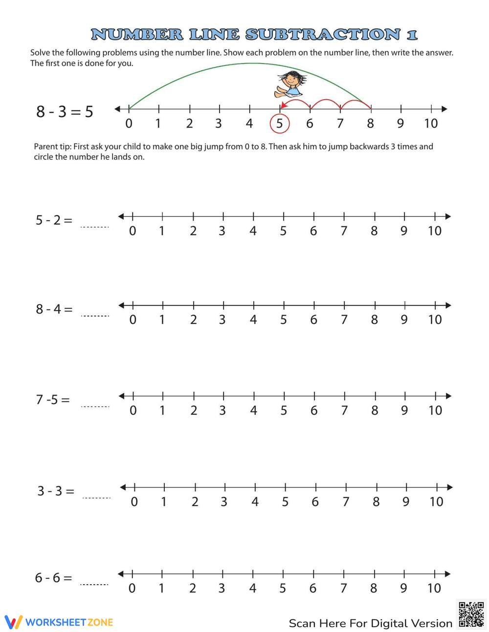 Subtraction on a Number Line Worksheet - Page 1