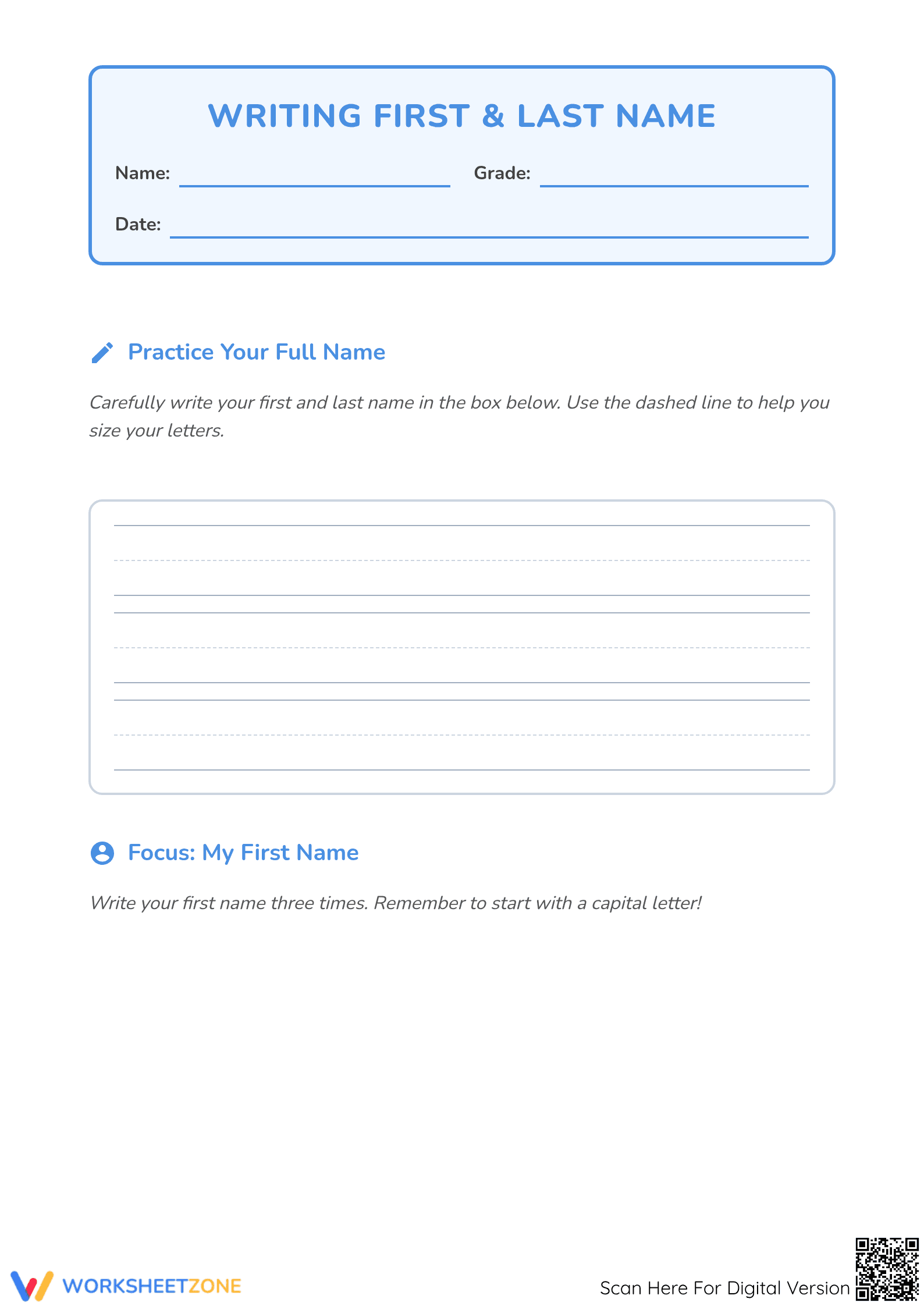 Printable First and Last Name Worksheet | Grade 1 ELA - Page 1