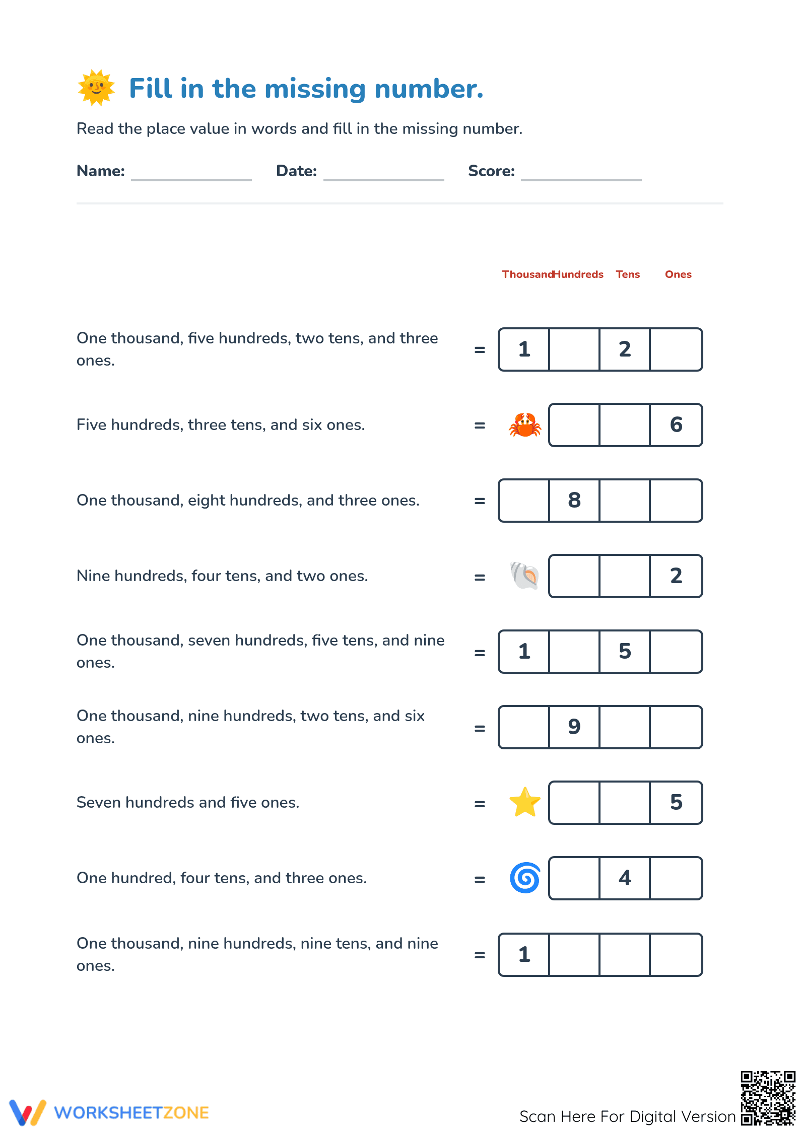 Essential Place Value Fill-In Worksheet | Grade 2 Math - Page 1