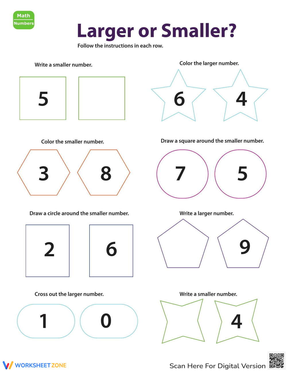 Identifying Numbers, Shapes, and Sizes Worksheet - Page 1