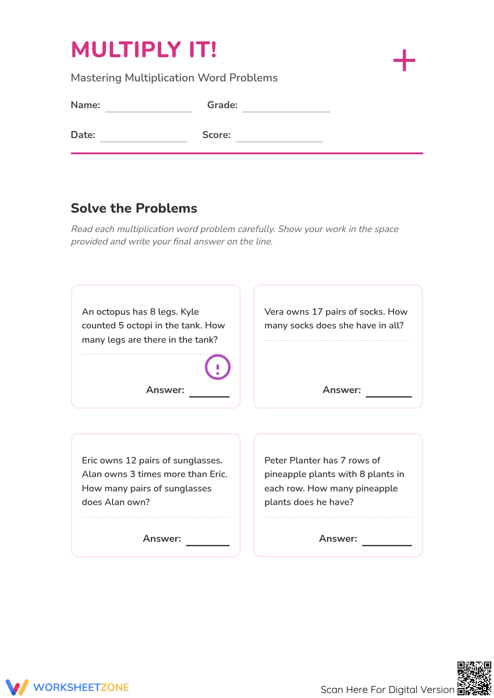 Essential Grade 3 Multiplication Word Problems Worksheet - Page 1