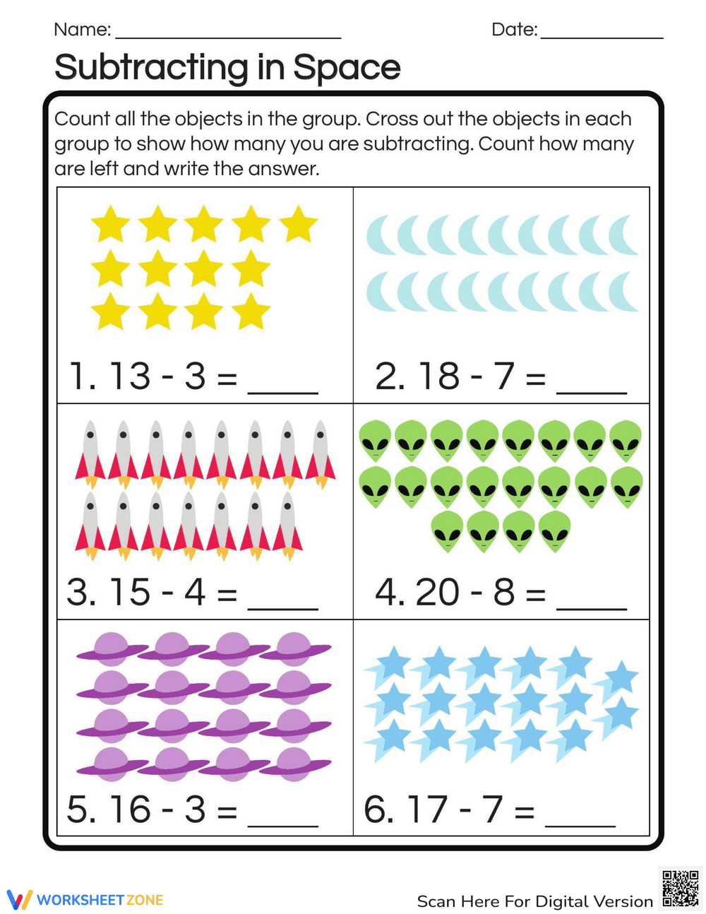 Subtracting in Space Math Worksheet - Page 1