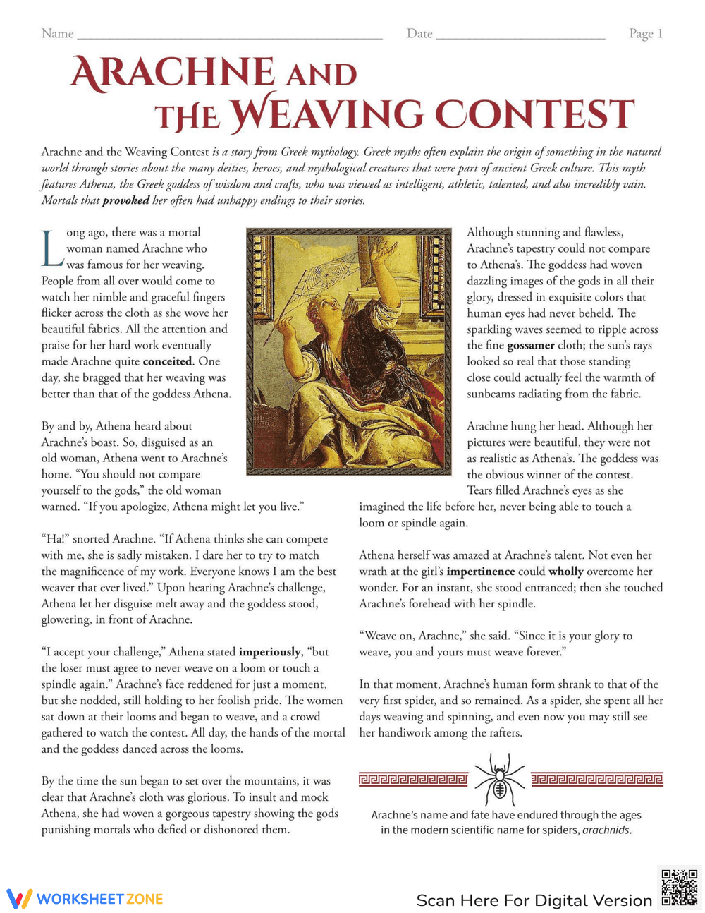 Arachne: Reading Comprehension Worksheet - Page 1