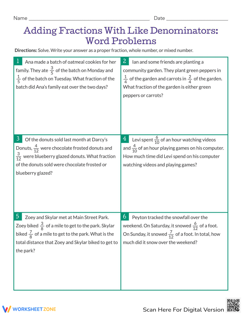 Adding Fractions Word Problems Worksheet - Page 1