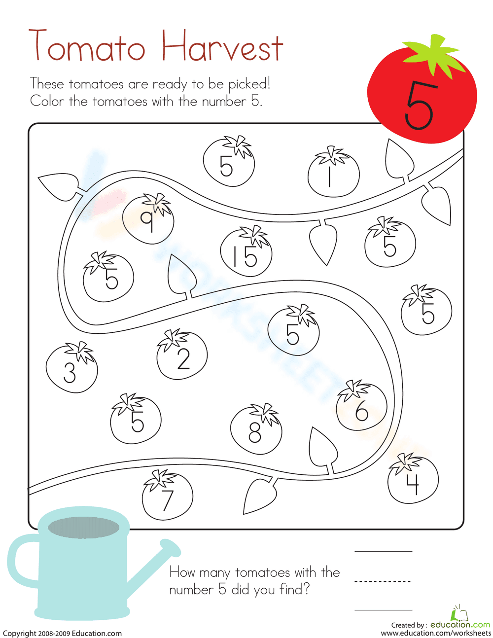 Kindergarten Coloring Fun Number 5 Worksheet - Page 1