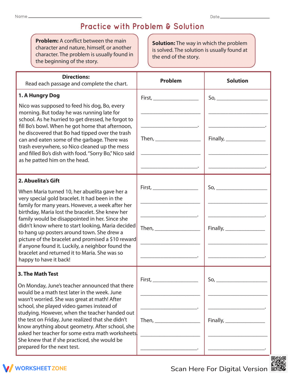 Problem and Solution Practice Worksheet - Page 1