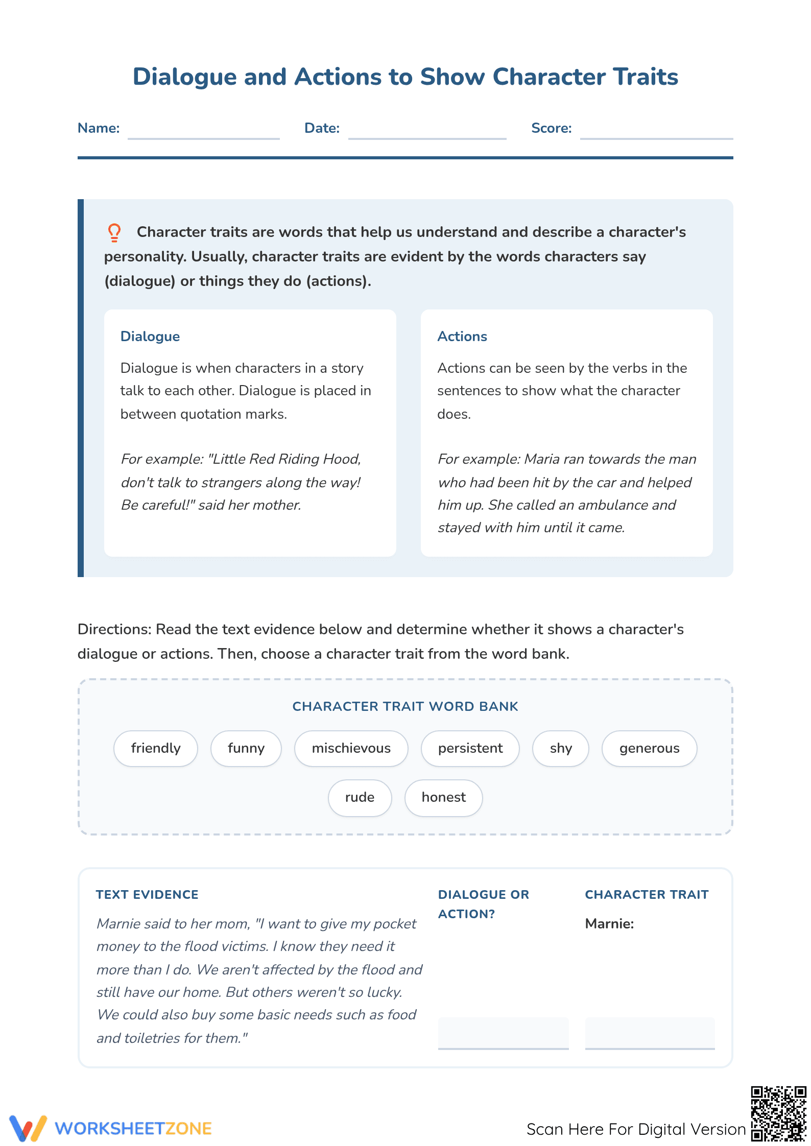Character Traits Printable Worksheet | Grade 4 ELA - Page 1