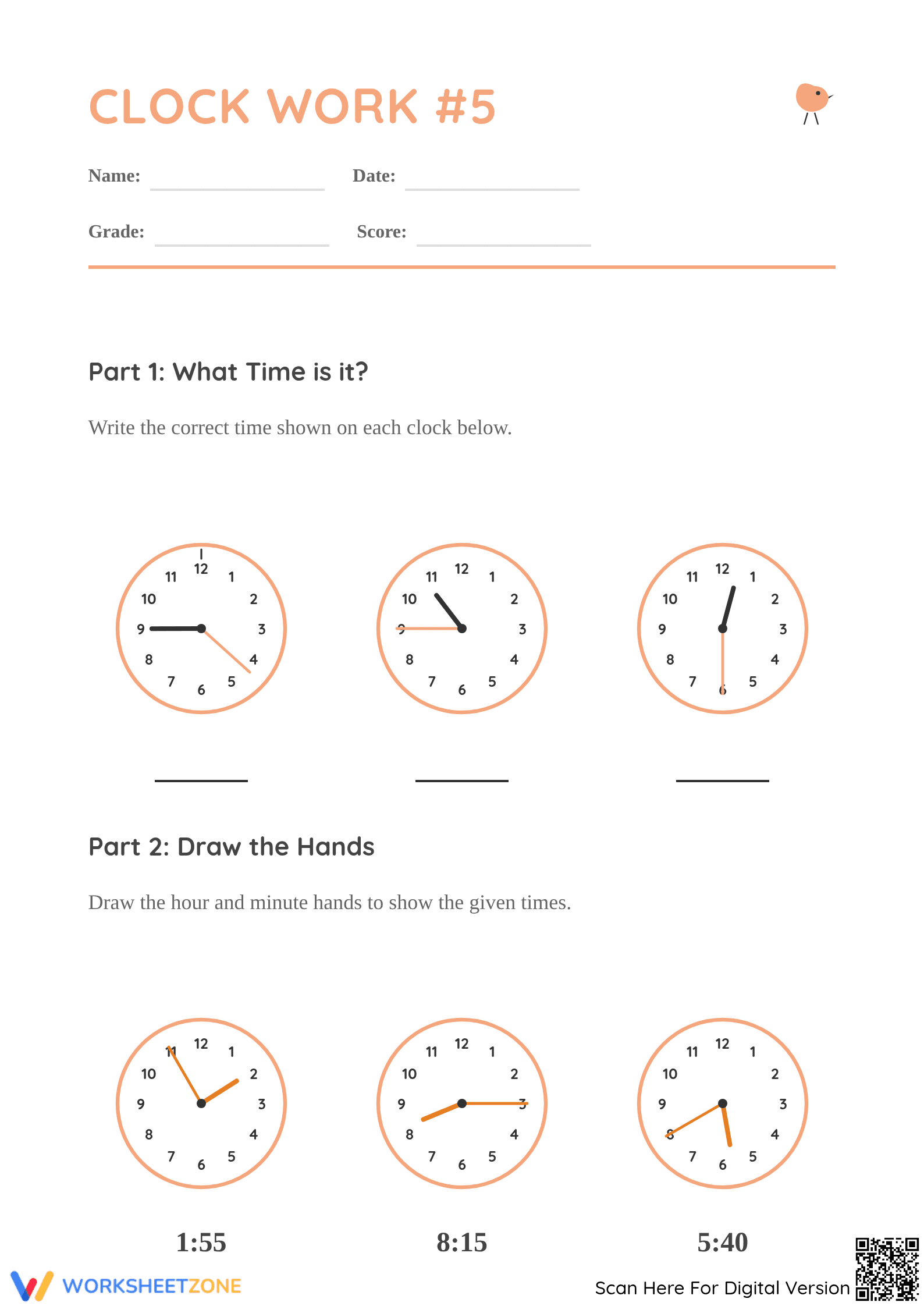 Essential 2nd Grade Telling Time to 5 Minutes Worksheet - Page 1