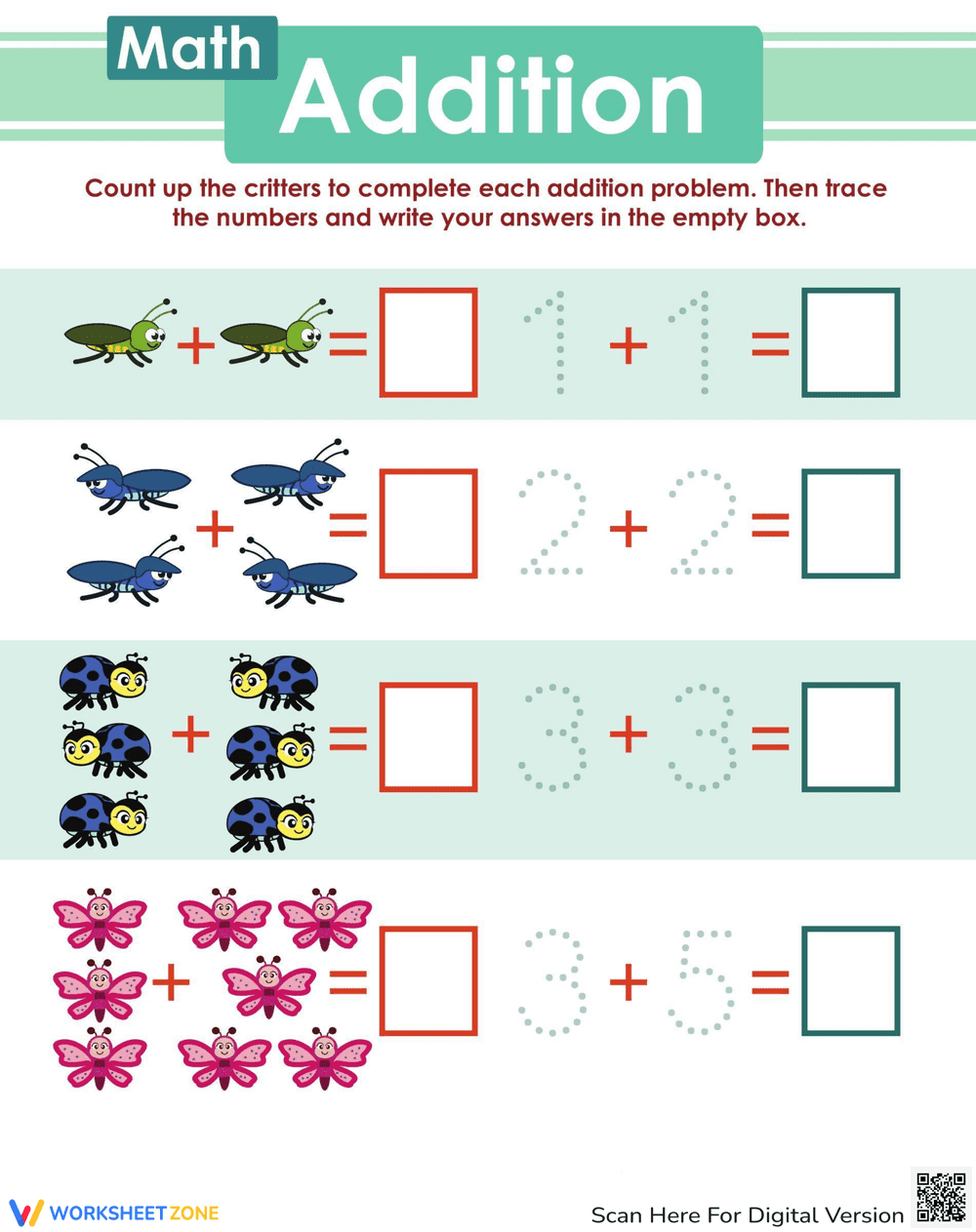 Bug Addition Worksheet for Kids - Page 1