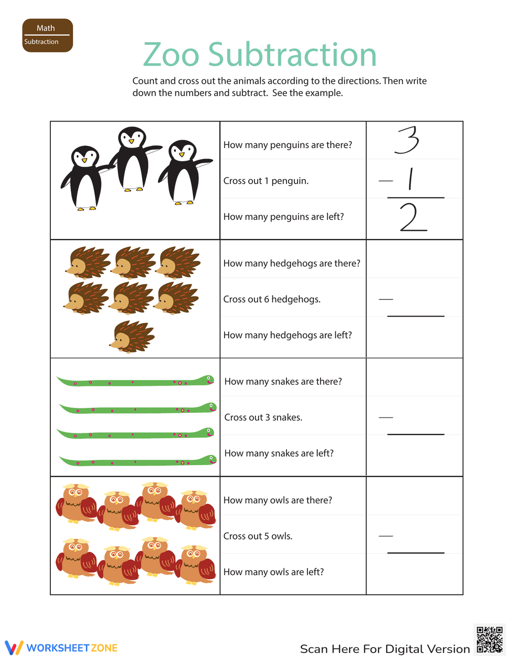Easy Animal Subtraction Worksheet - Page 1
