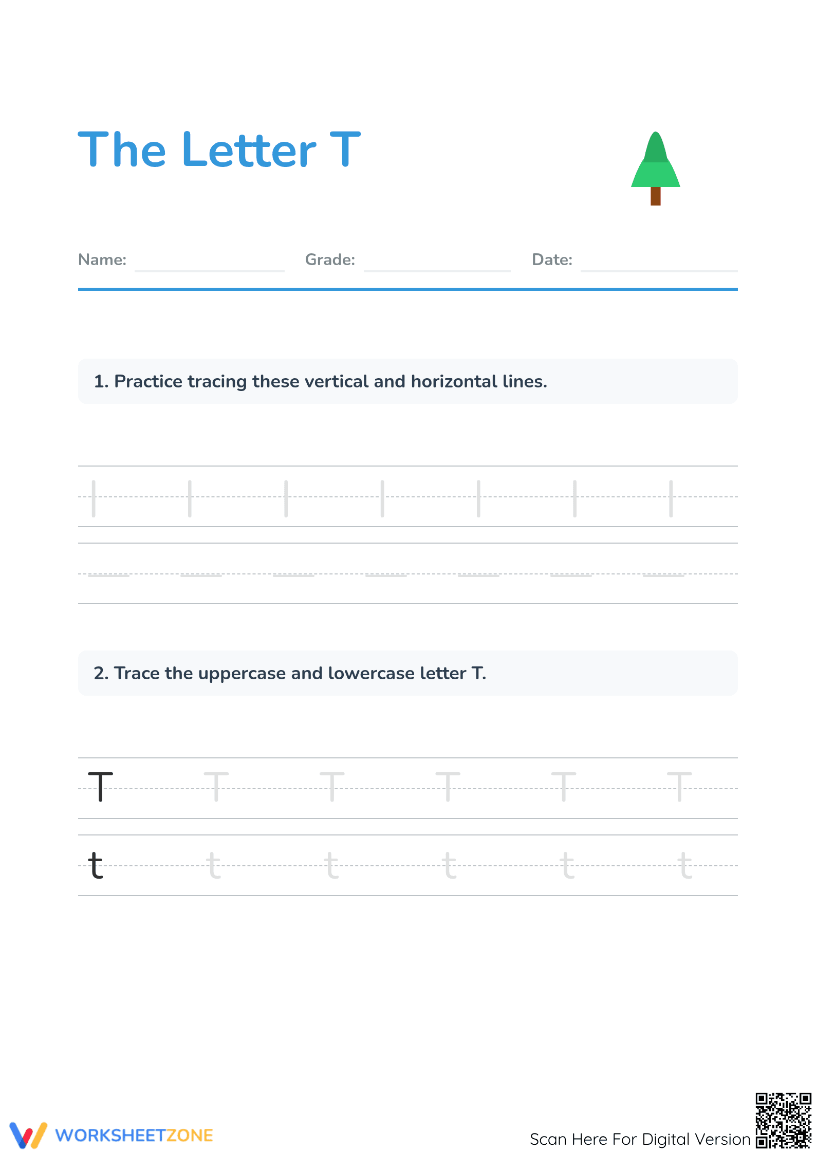 Printable Letter T Tracing Worksheet | Kindergarten ELA - Page 1