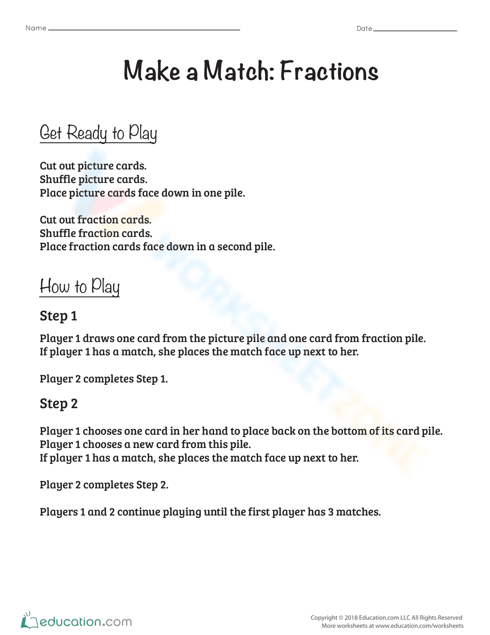 Make a Match: Fractions Worksheet - Page 1