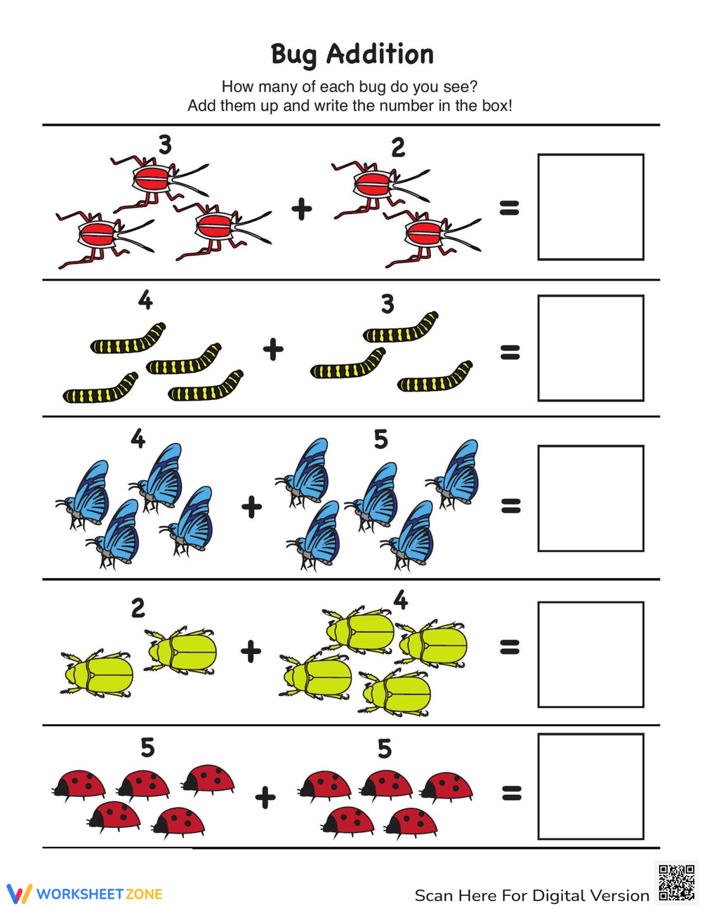 Fun Bug Picture Addition Worksheet - Page 1