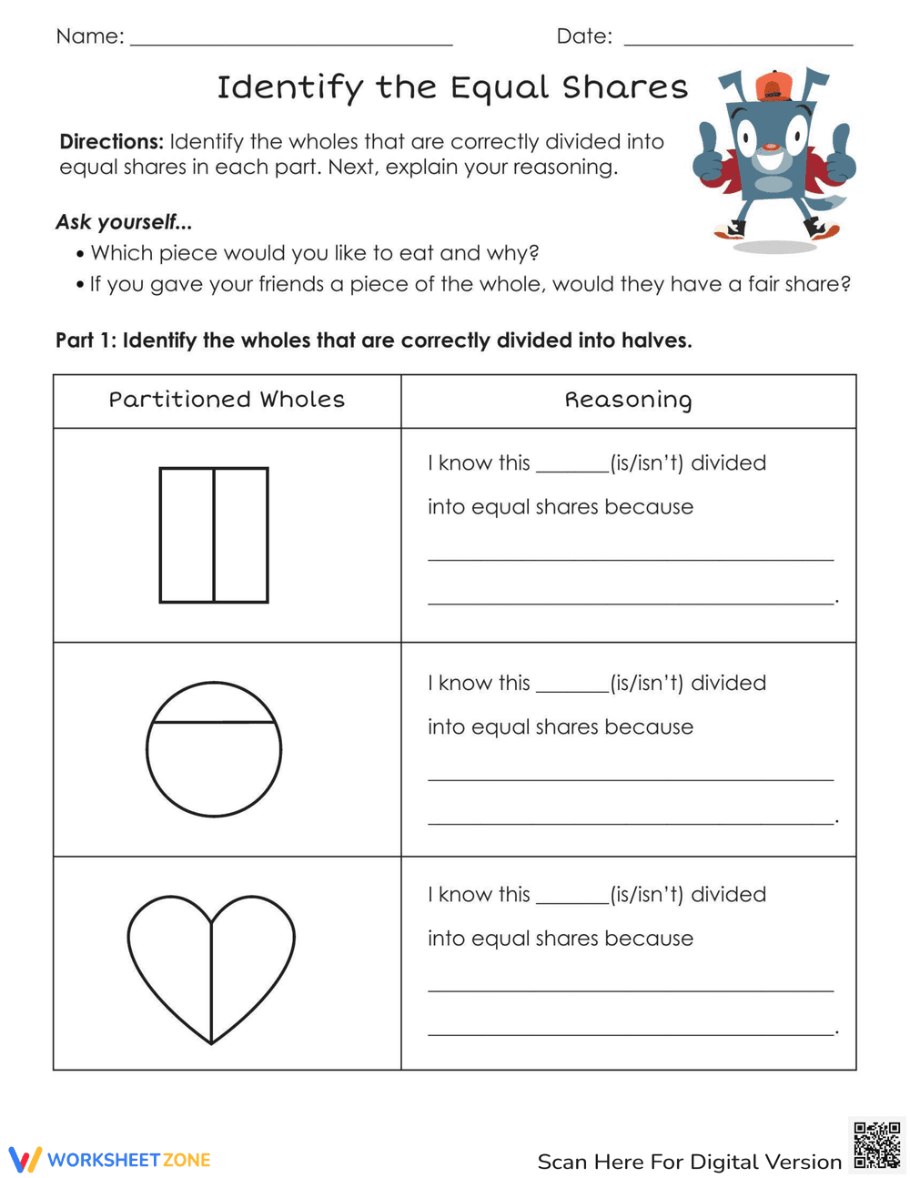 Identify Equal Shares Worksheet - Page 1