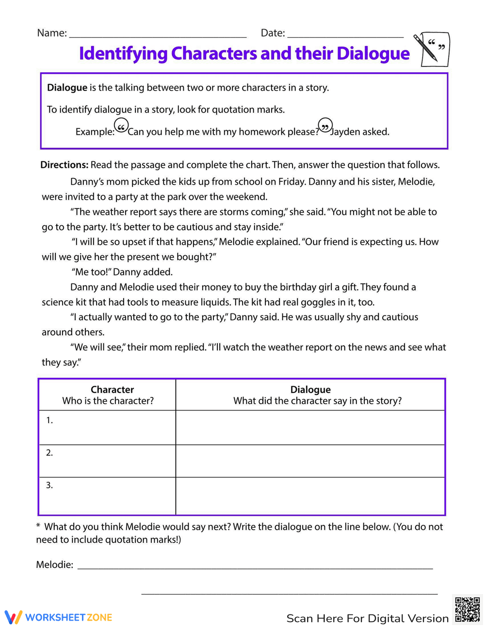 Identifying Character Dialogue Worksheet - Page 1
