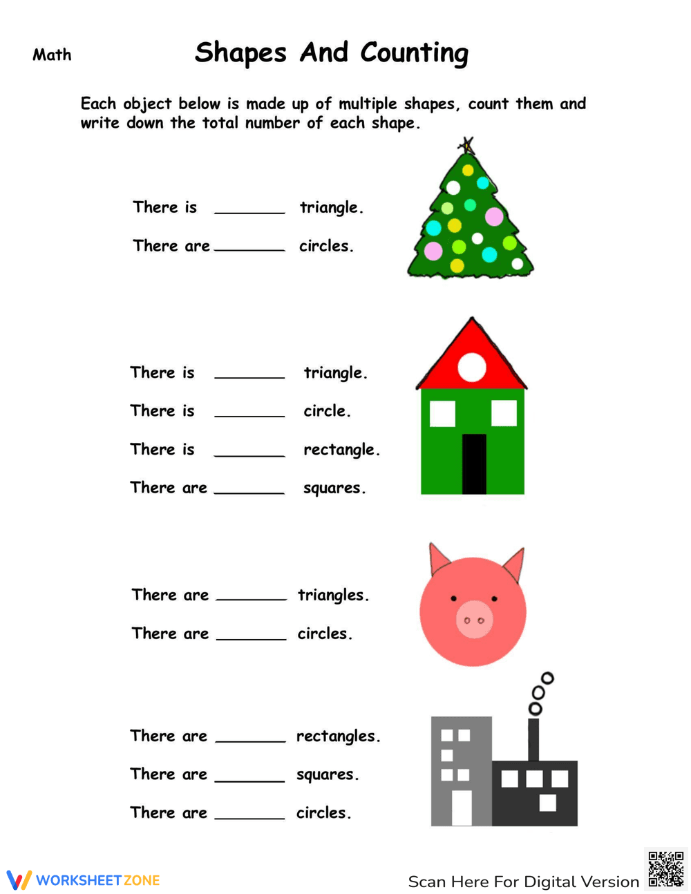 Count Simple Shapes Worksheet - Page 1