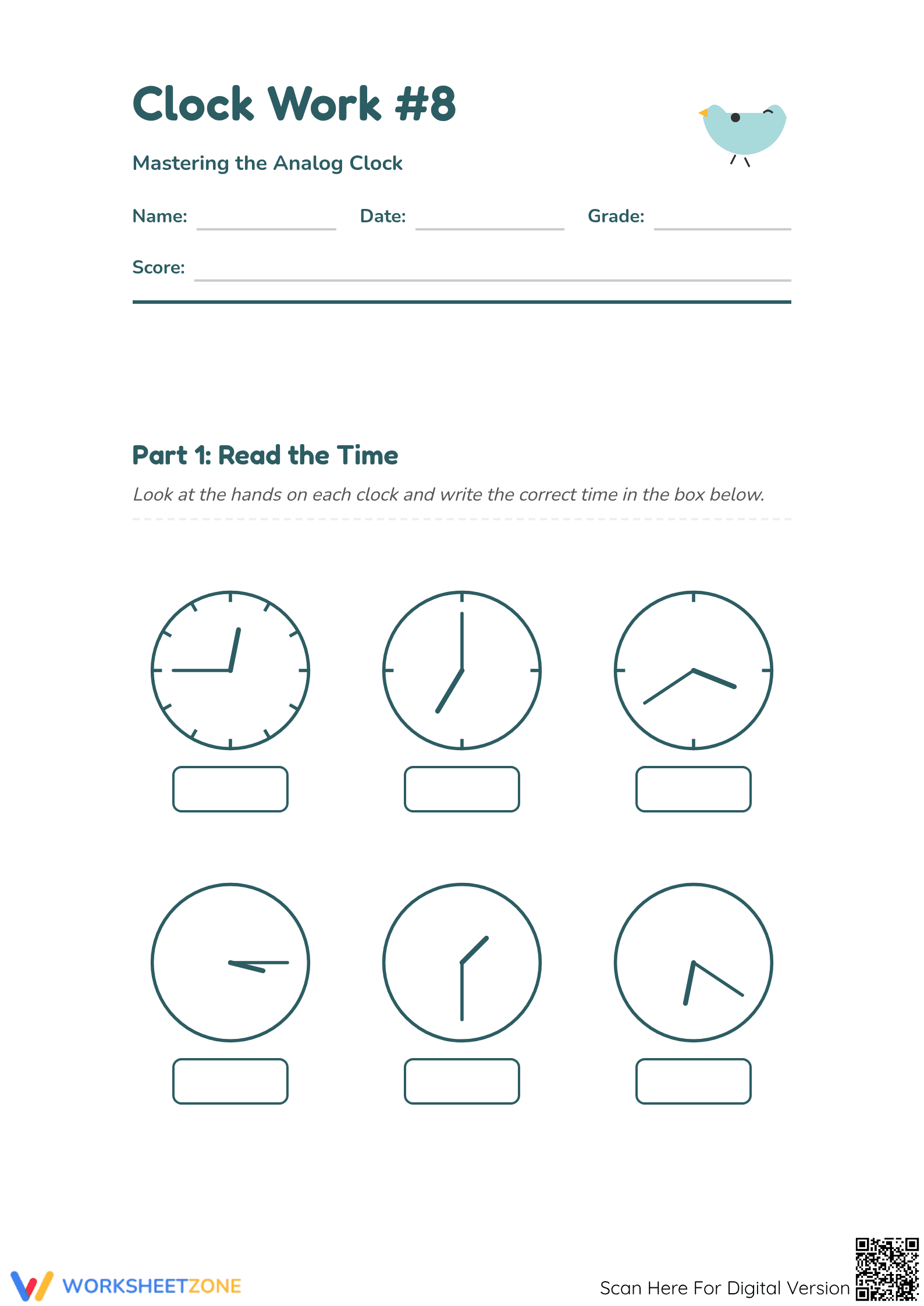 Essential Telling Time Practice: Grade 2 Clock Worksheet - Page 1