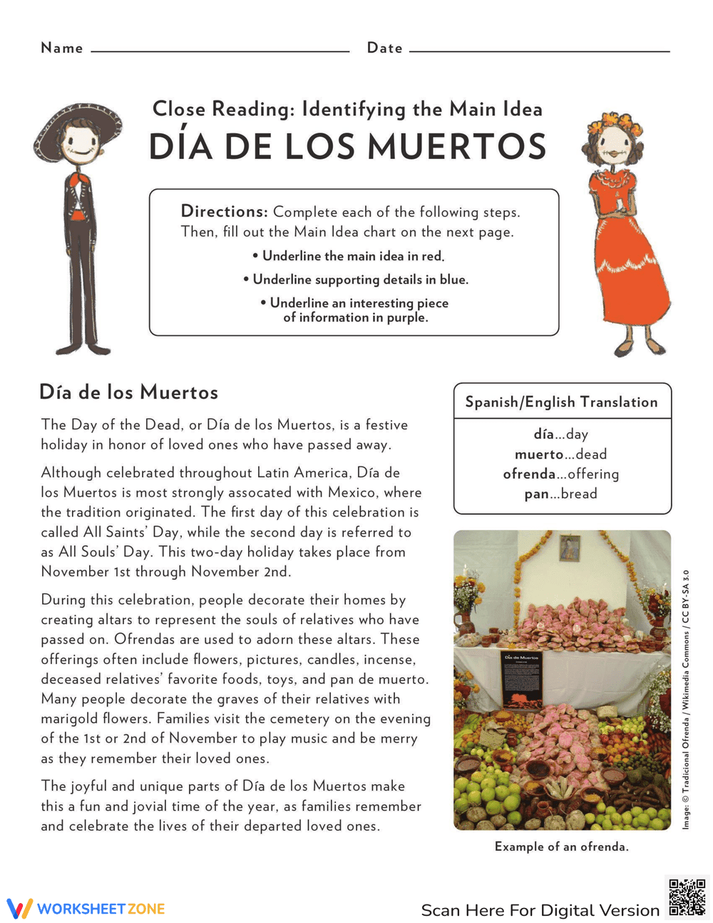 Find the Main Idea: Dia de los Muertos Worksheet - Page 1