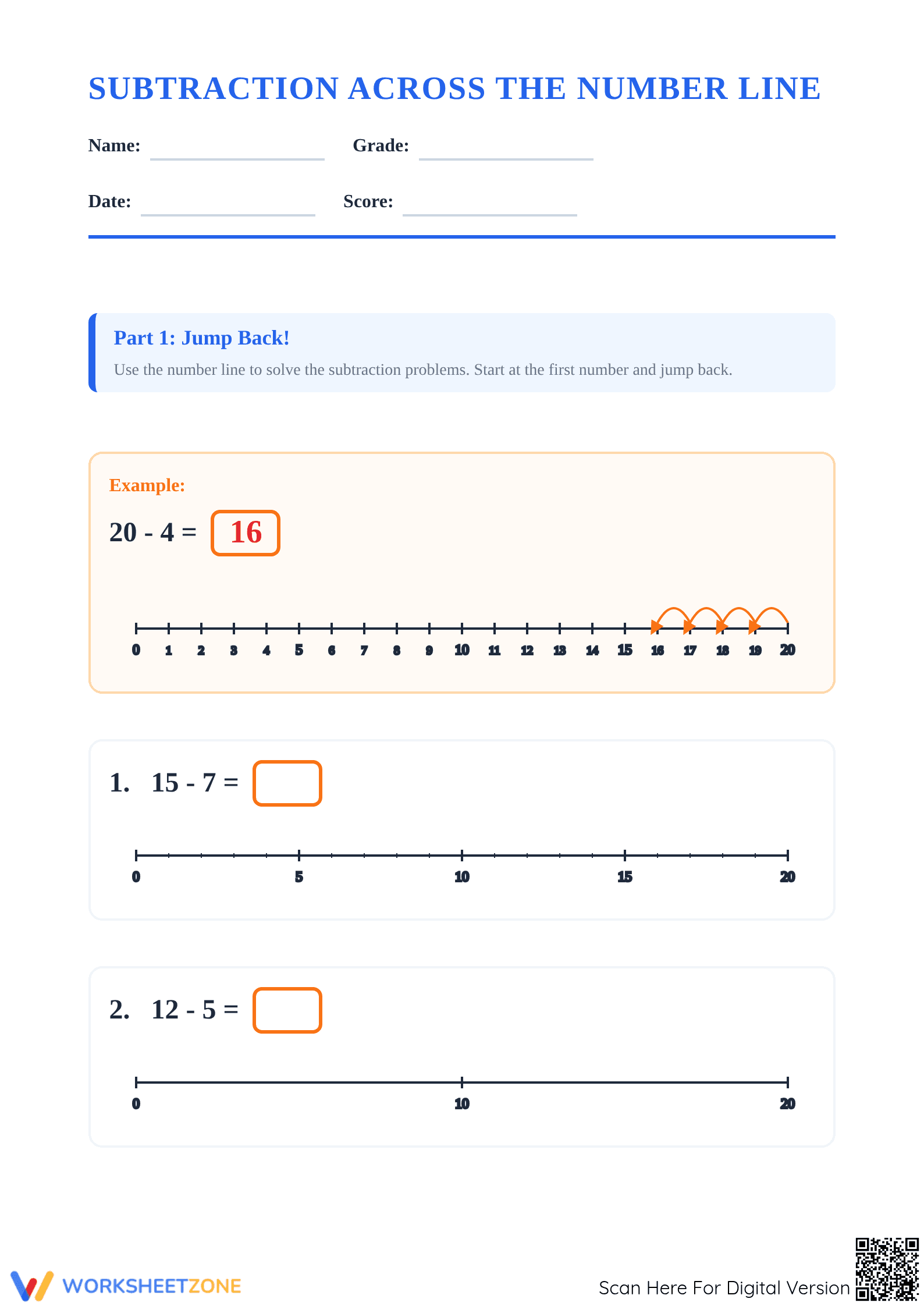 Printable Subtraction Number Line Worksheet | Grade 1 Math - Page 1