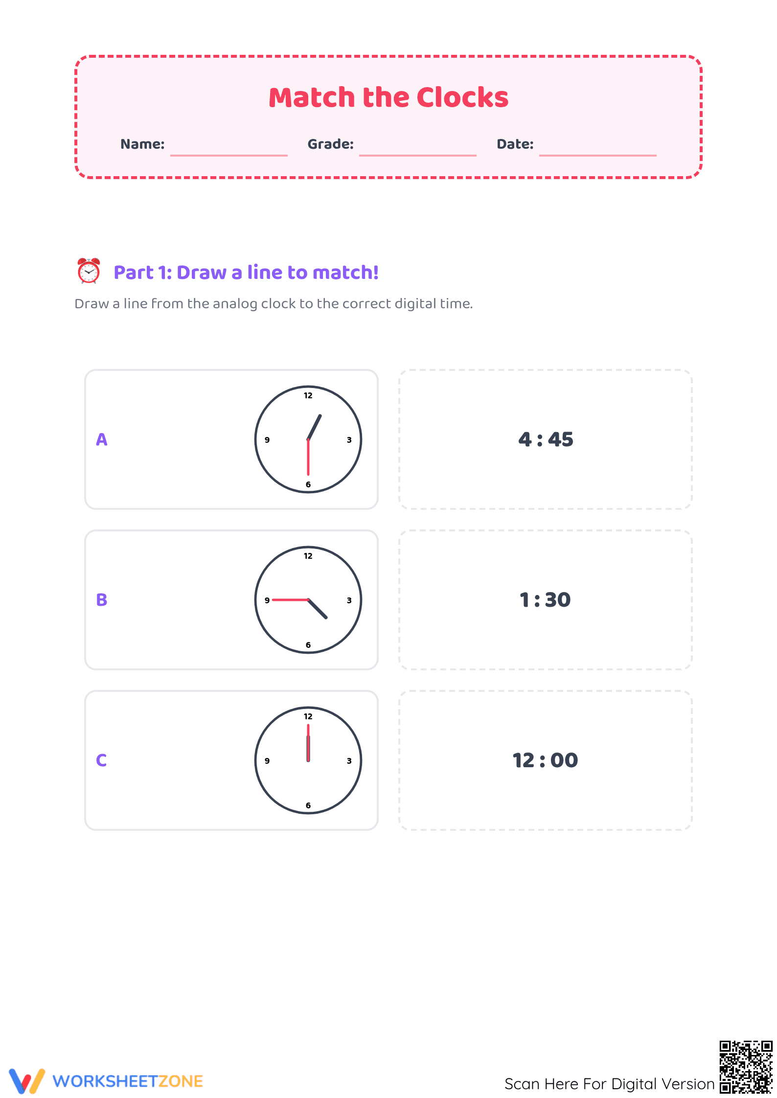 Essential Telling Time Practice | Grade 2 Match the Clocks - Page 1