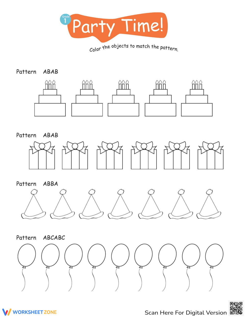 Color Pattern Party Time Worksheet - Page 1
